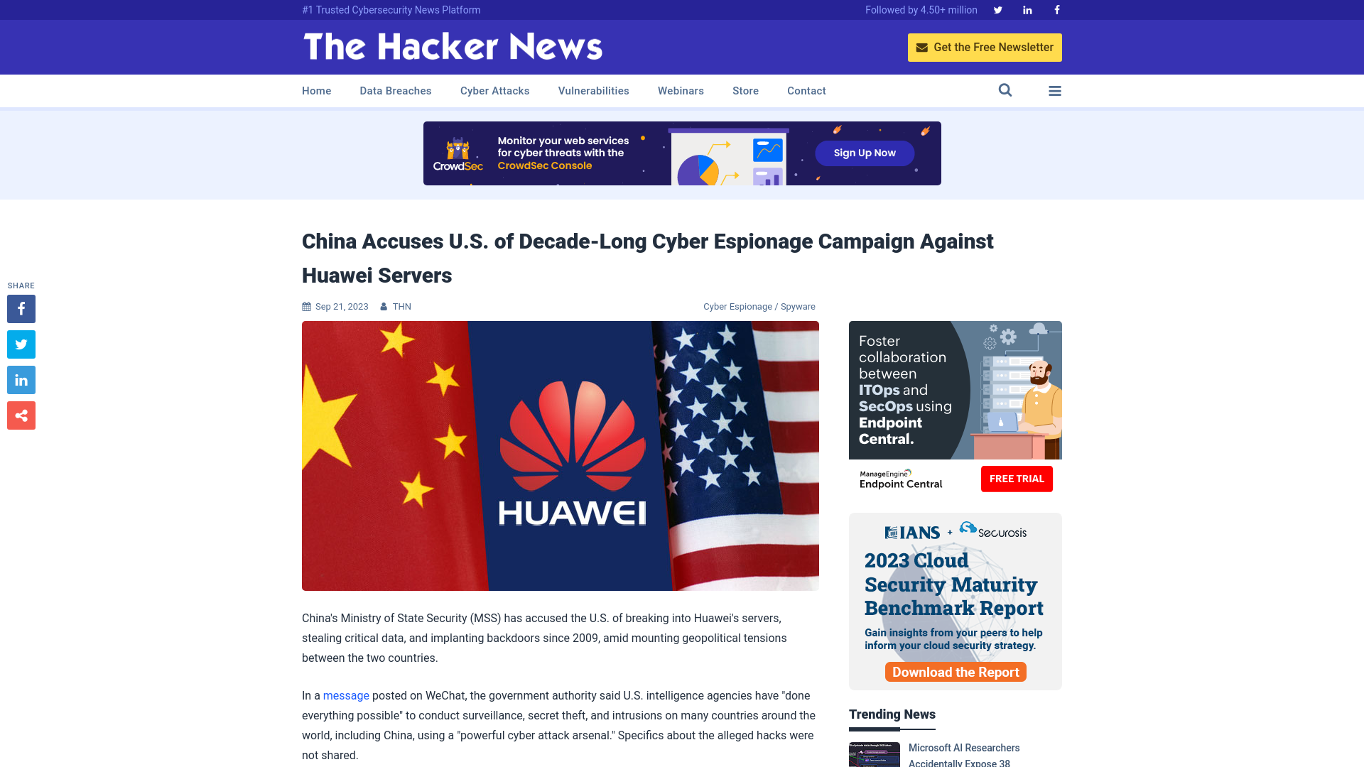 China Accuses U.S. of Decade-Long Cyber Espionage Campaign Against Huawei Servers