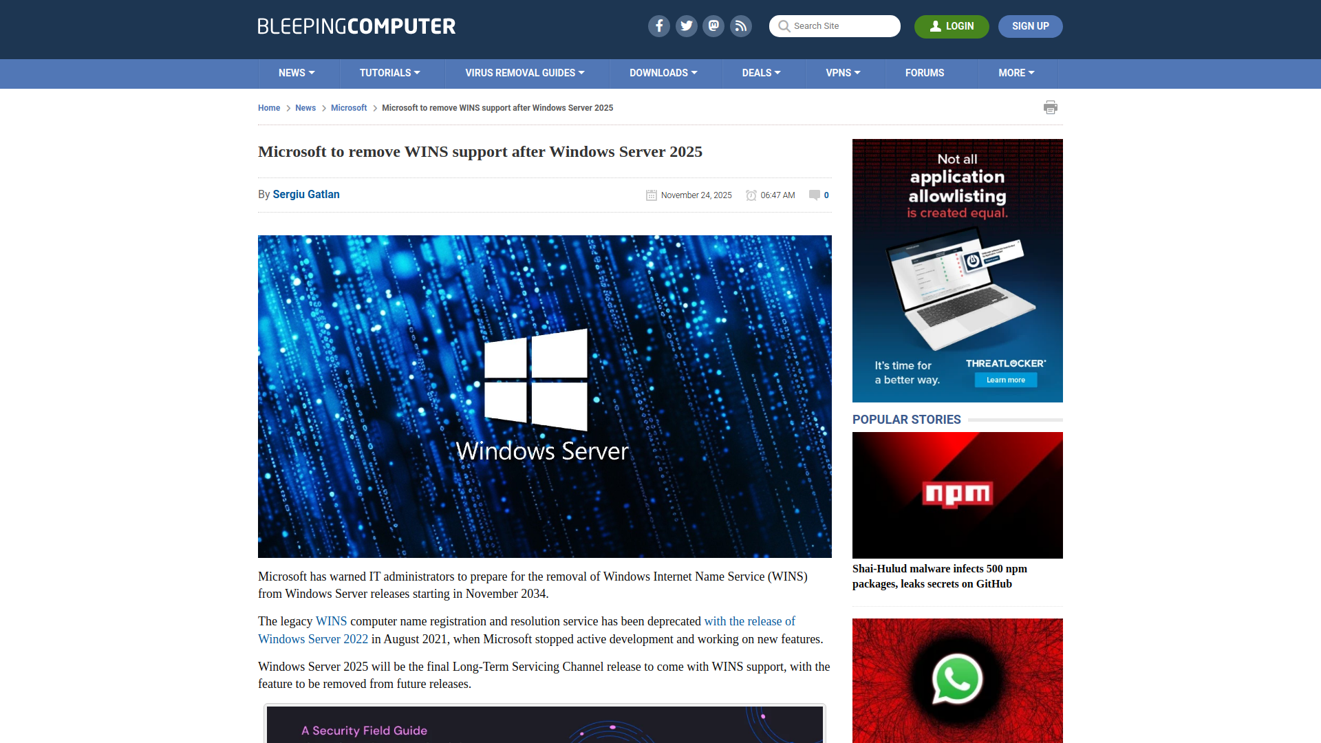 Microsoft to remove WINS support after Windows Server 2025