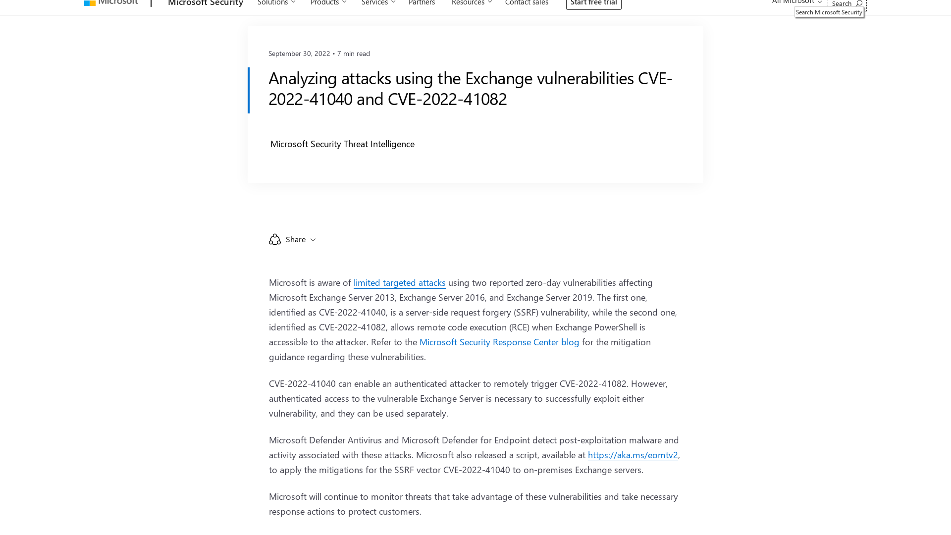 Analyzing attacks using the Exchange vulnerabilities CVE-2022-41040 and CVE-2022-41082 - Microsoft Security Blog