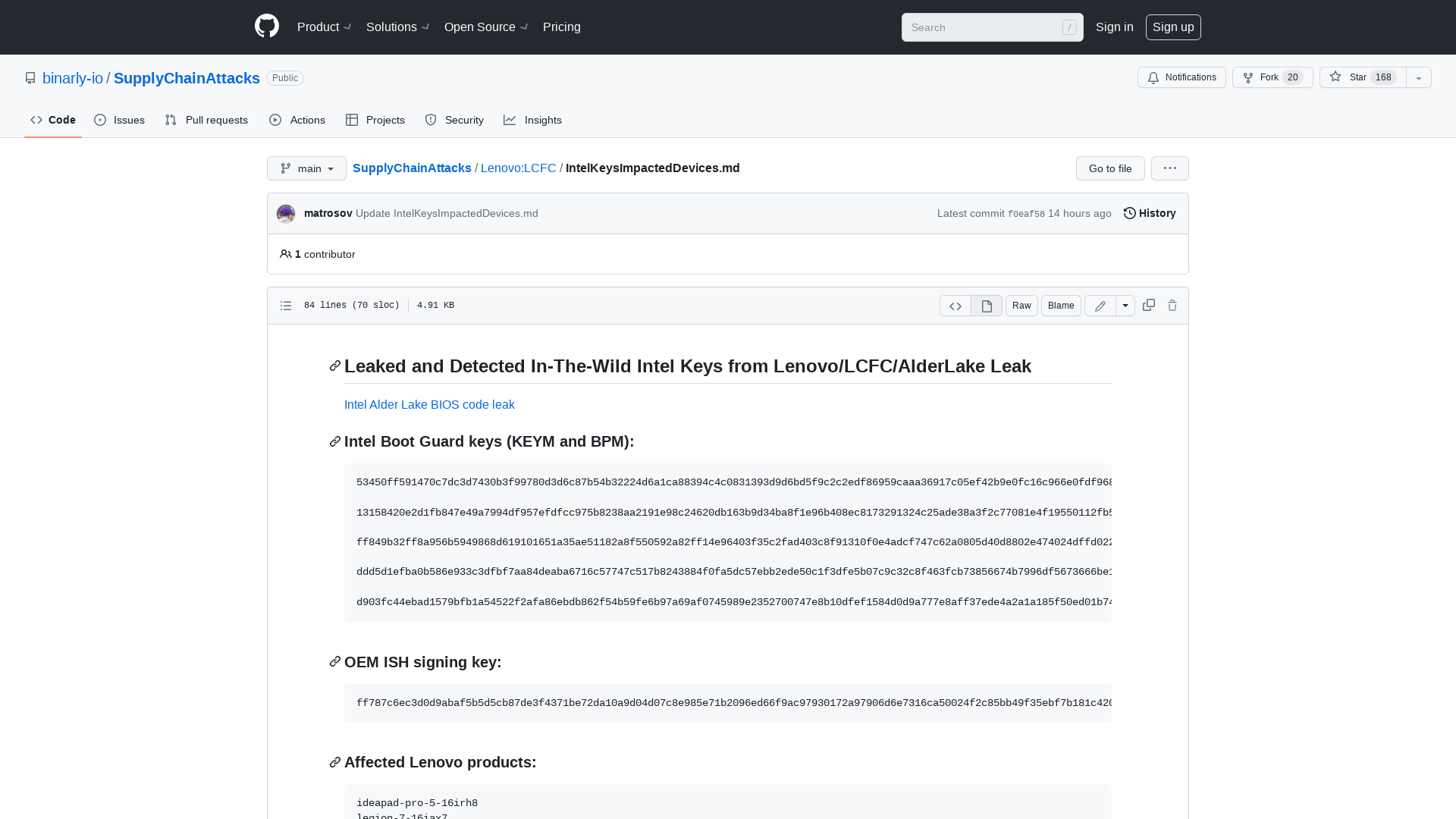 SupplyChainAttacks/IntelKeysImpactedDevices.md at main · binarly-io/SupplyChainAttacks · GitHub