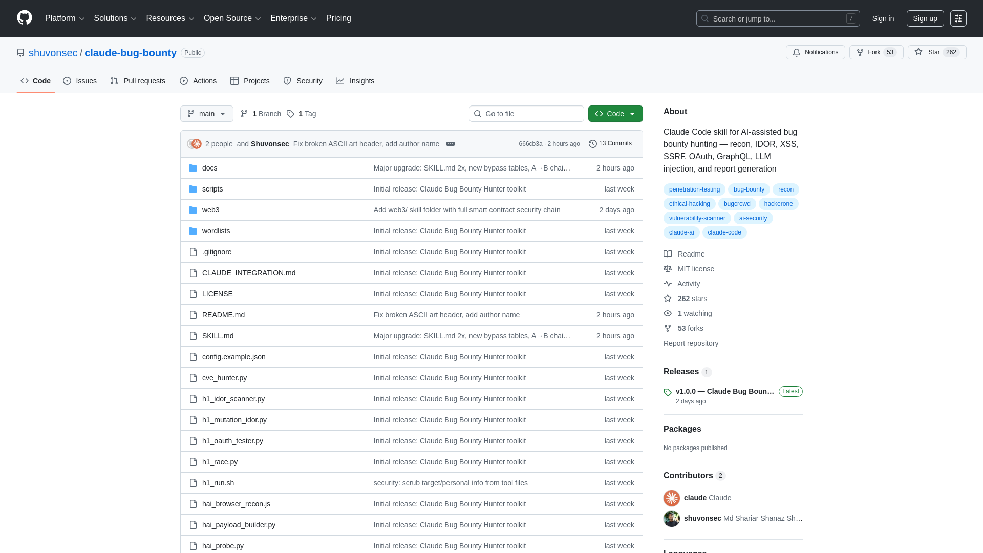 GitHub - shuvonsec/claude-bug-bounty: Claude Code skill for AI-assisted bug bounty hunting — recon, IDOR, XSS, SSRF, OAuth, GraphQL, LLM injection, and report generation · GitHub