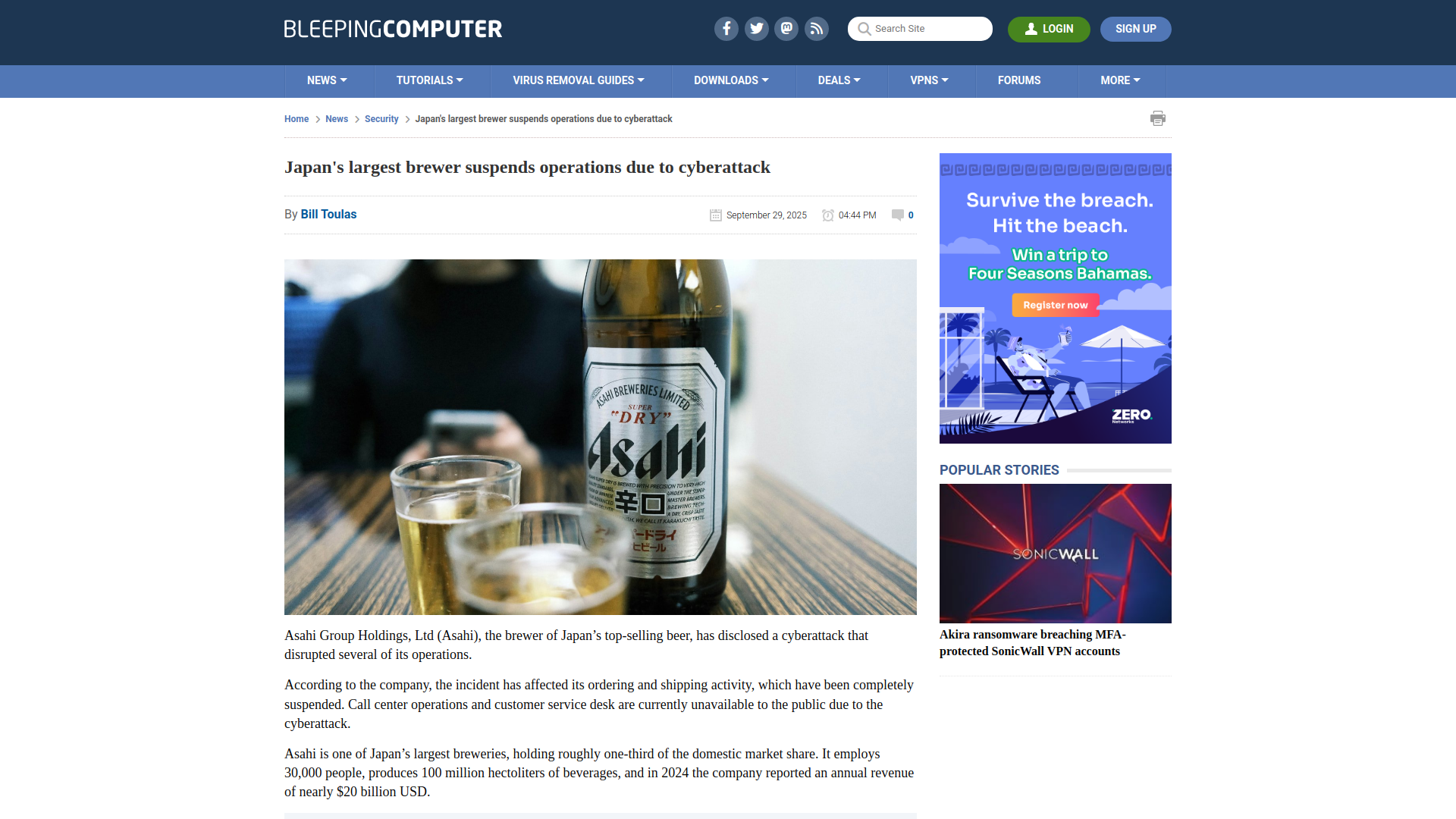 Japan's largest brewer suspends operations due to cyberattack