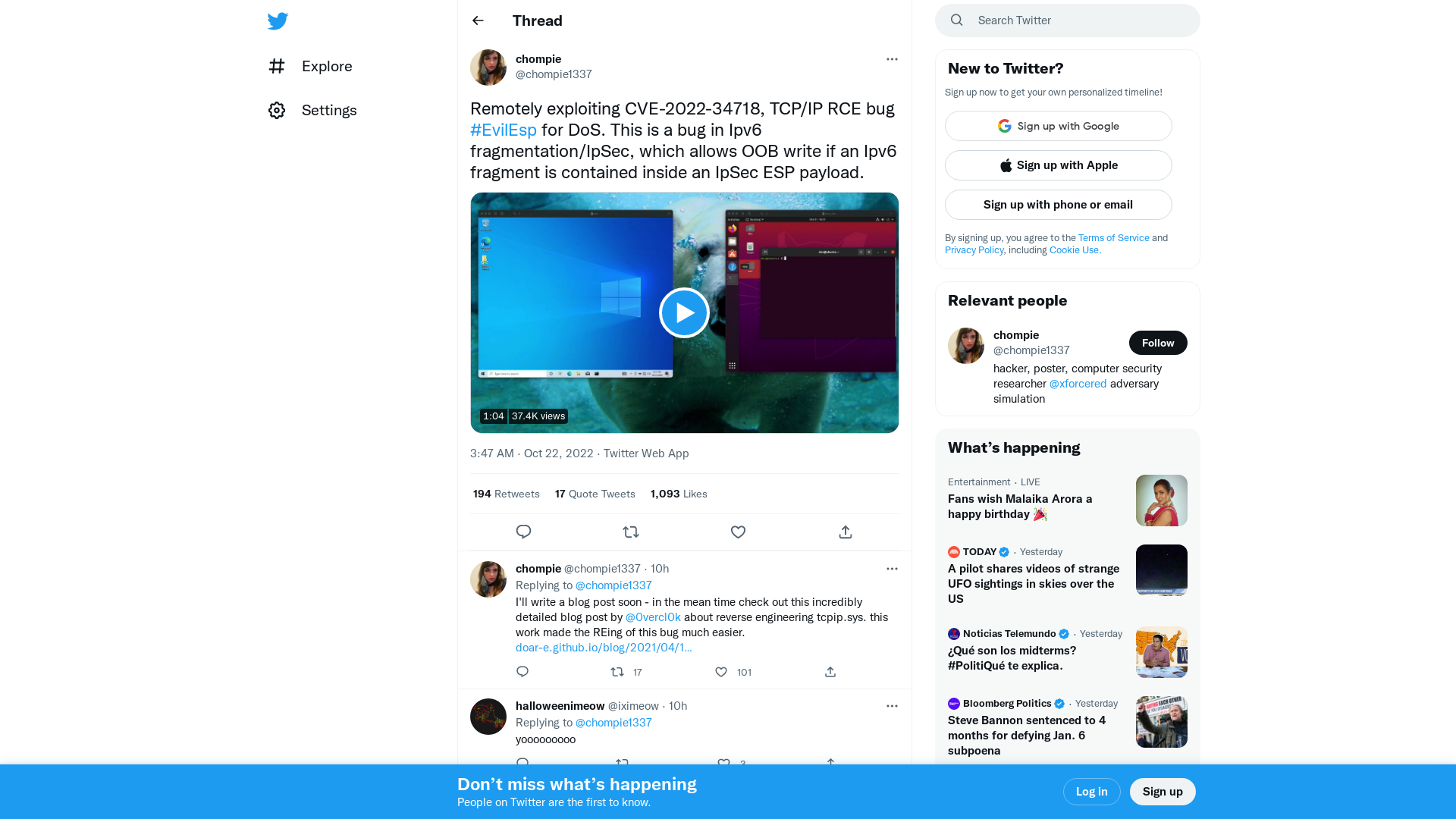 chompie on Twitter: "Remotely exploiting CVE-2022-34718, TCP/IP RCE bug #EvilEsp for DoS. This is a bug in Ipv6 fragmentation/IpSec, which allows OOB write if an Ipv6 fragment is contained inside an IpSec ESP payload. https://t.co/k1aoZX2kWq" / Twitter
