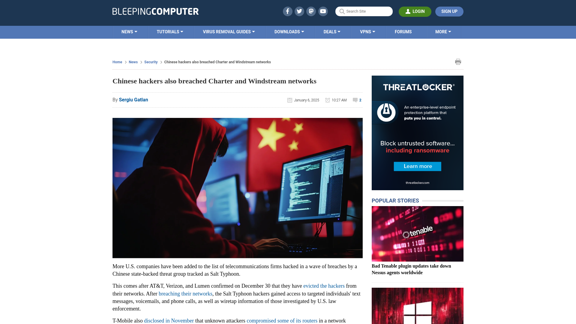 Chinese hackers also breached Charter and Windstream networks