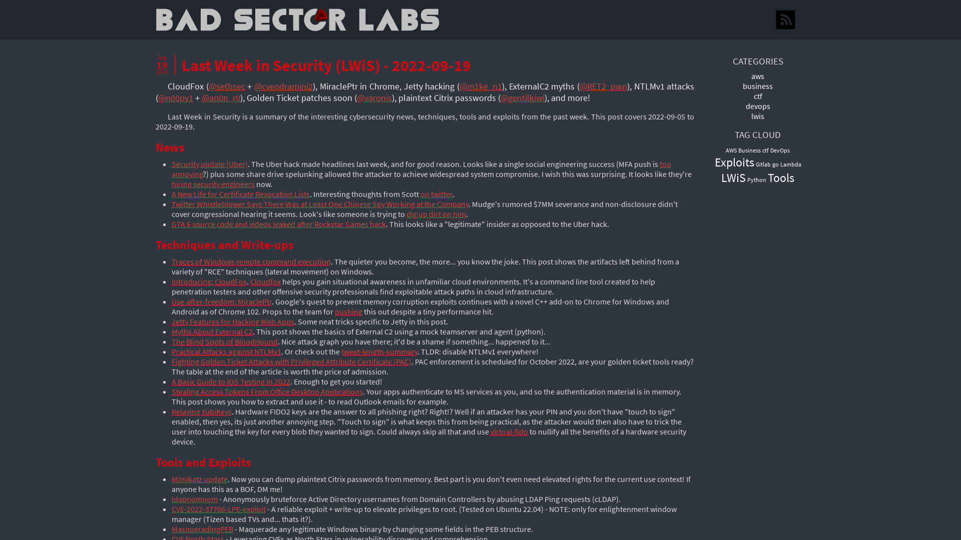 Last Week in Security (LWiS) - 2022-09-19 | Bad Sector Labs Blog