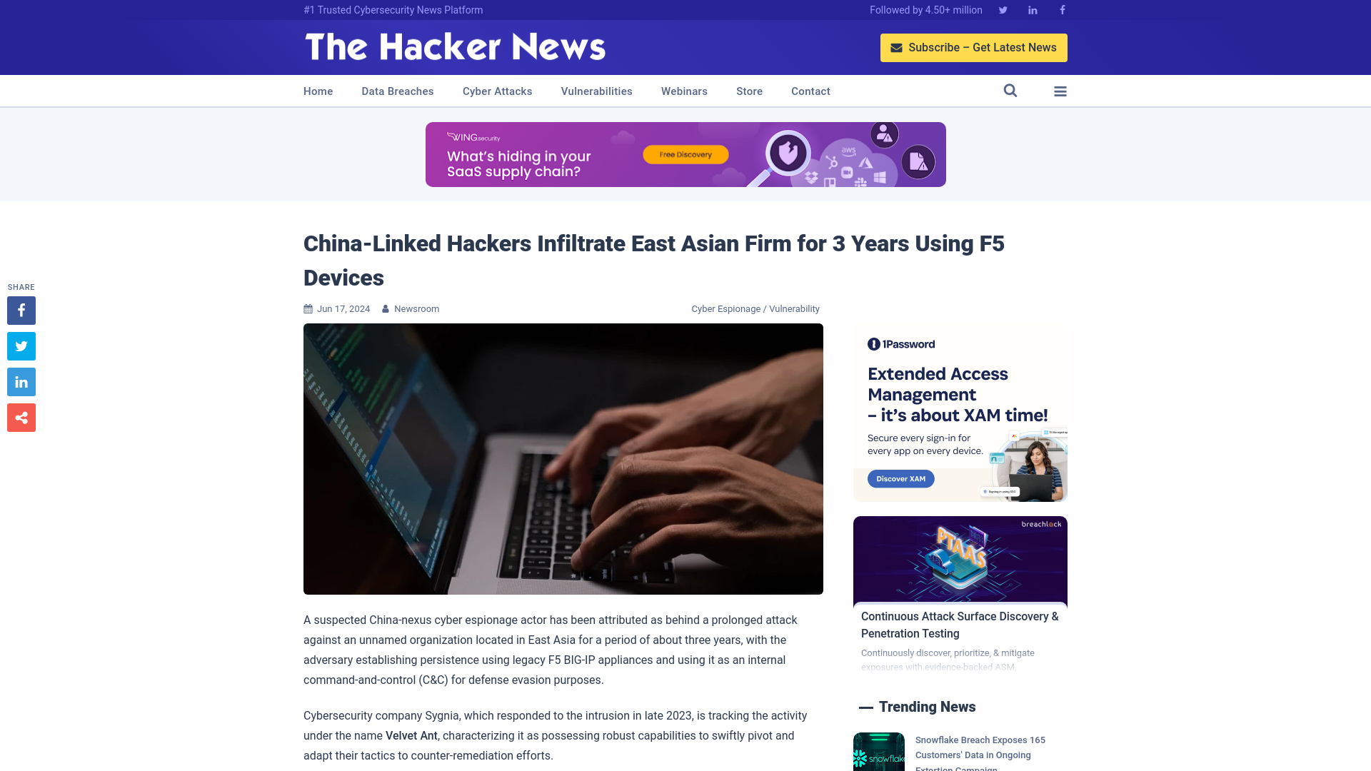 China-Linked Hackers Infiltrate East Asian Firm for 3 Years Using F5 Devices