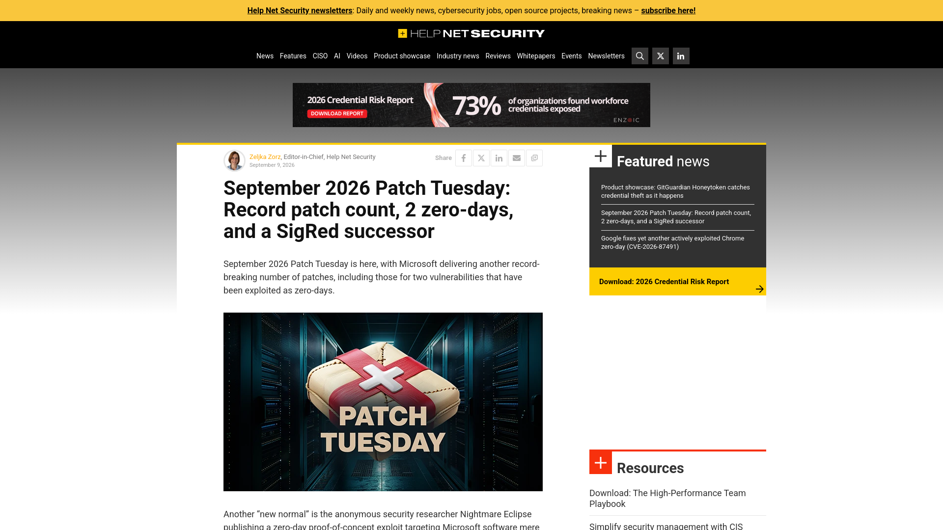 September 2026 Patch Tuesday: Record patch count, 2 zero-days, and a SigRed successor - Help Net Security