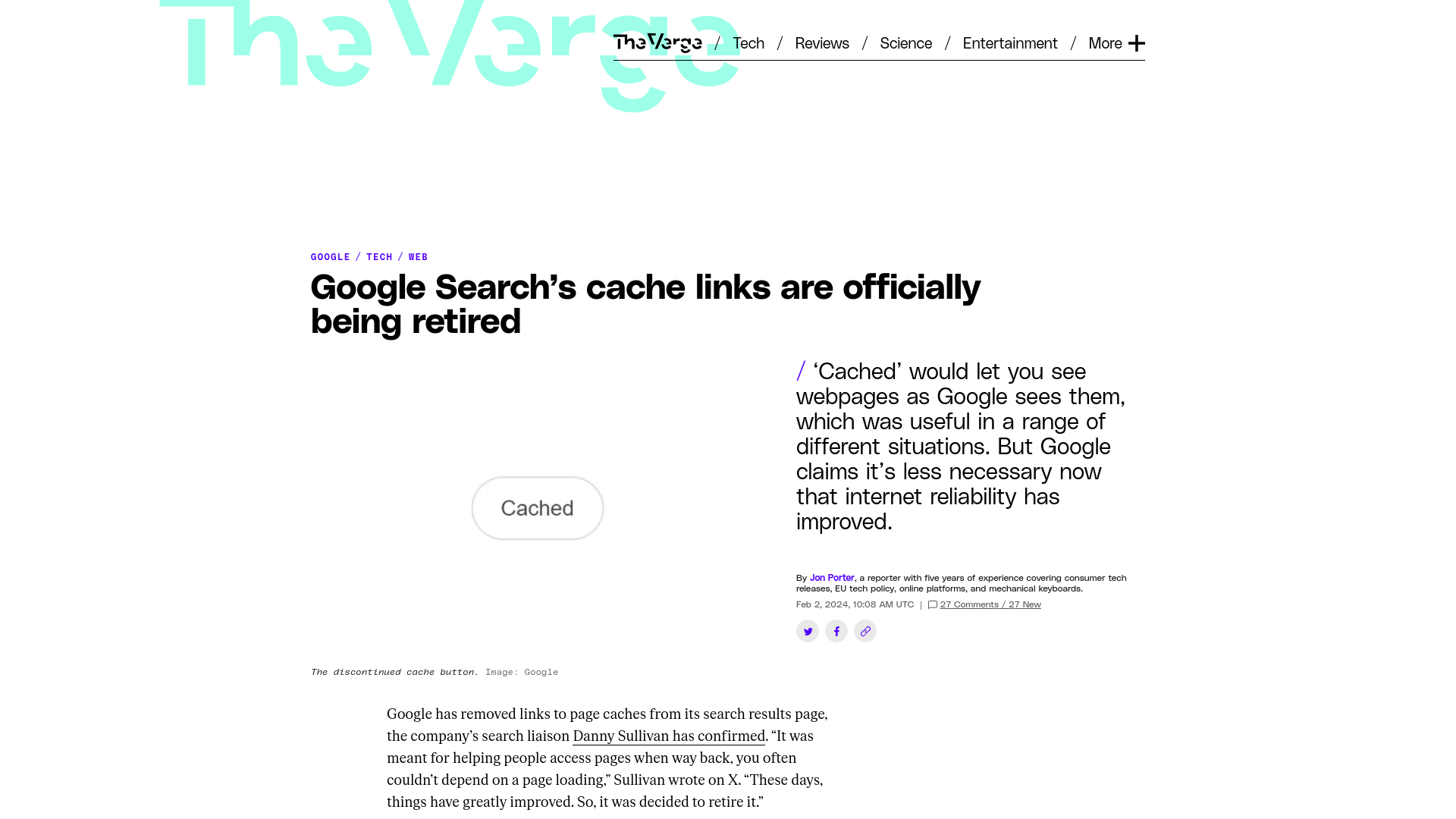 Google Search’s cache links are officially being retired - The Verge