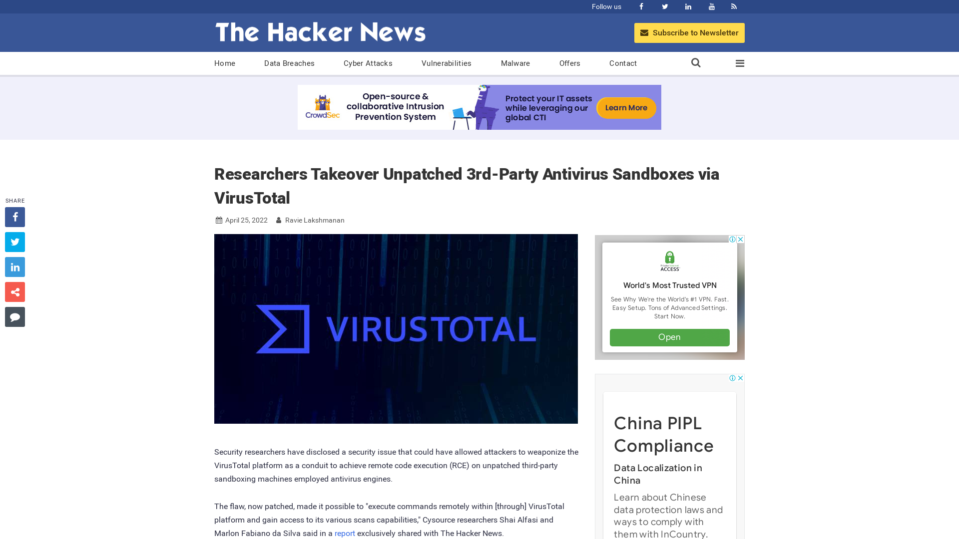 Researchers Takeover Unpatched 3rd-Party Antivirus Sandboxes via VirusTotal