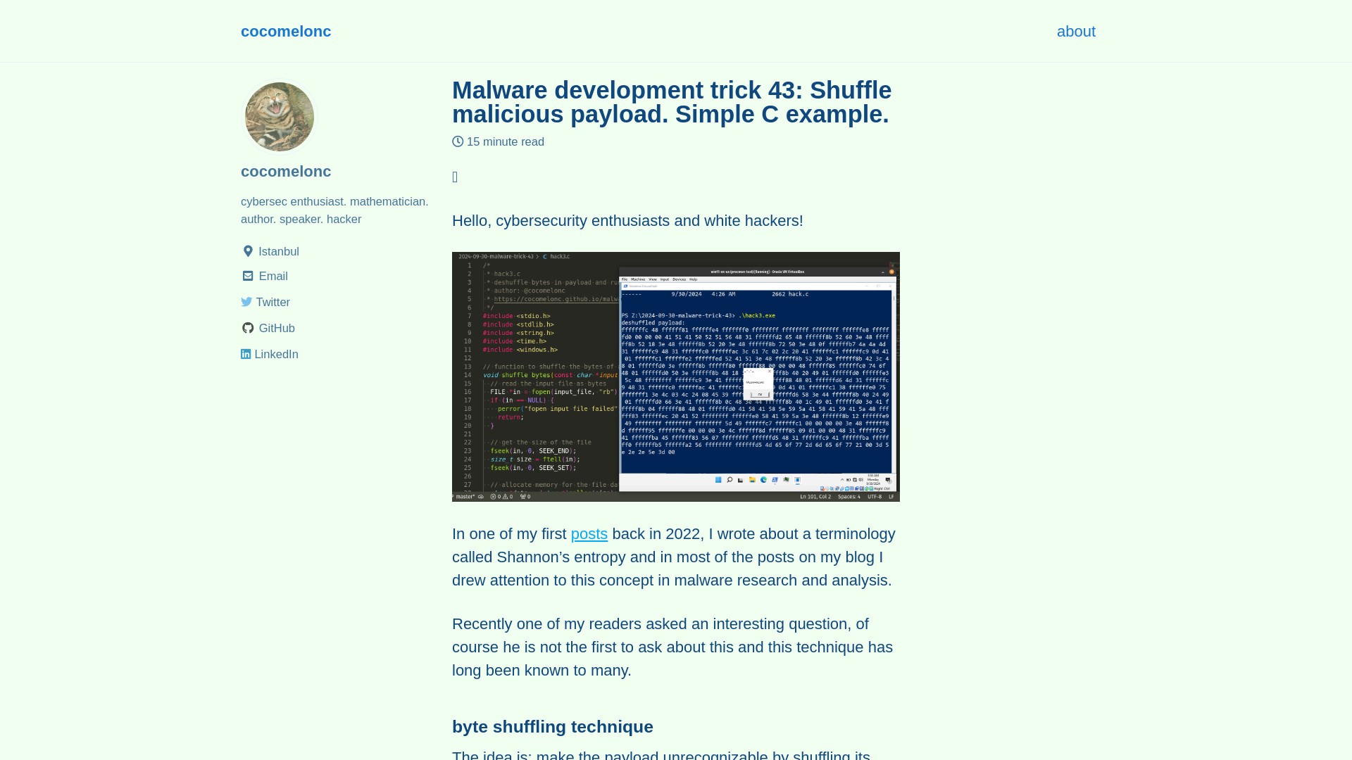 Malware development trick 43: Shuffle malicious payload. Simple C example. - cocomelonc