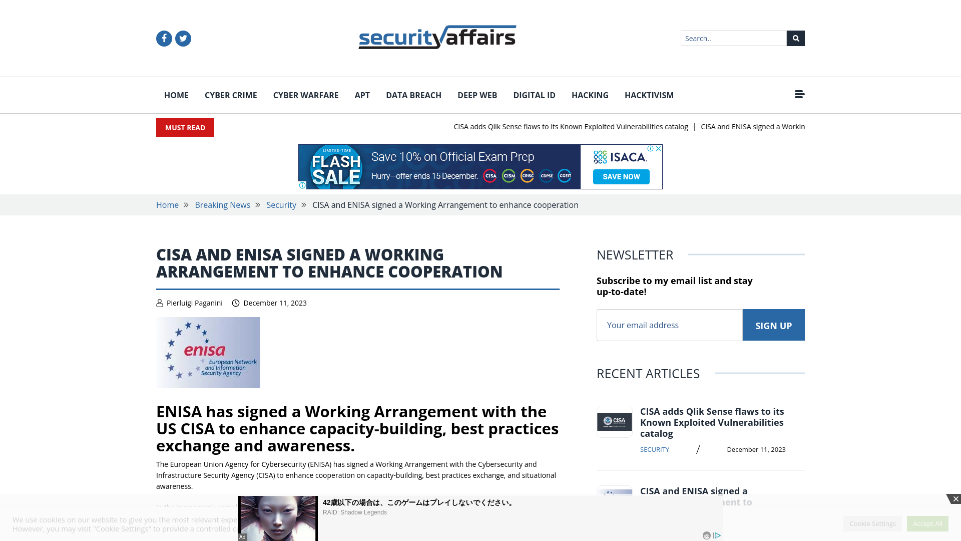 CISA and ENISA signed a Working Arrangement to enhance cooperation