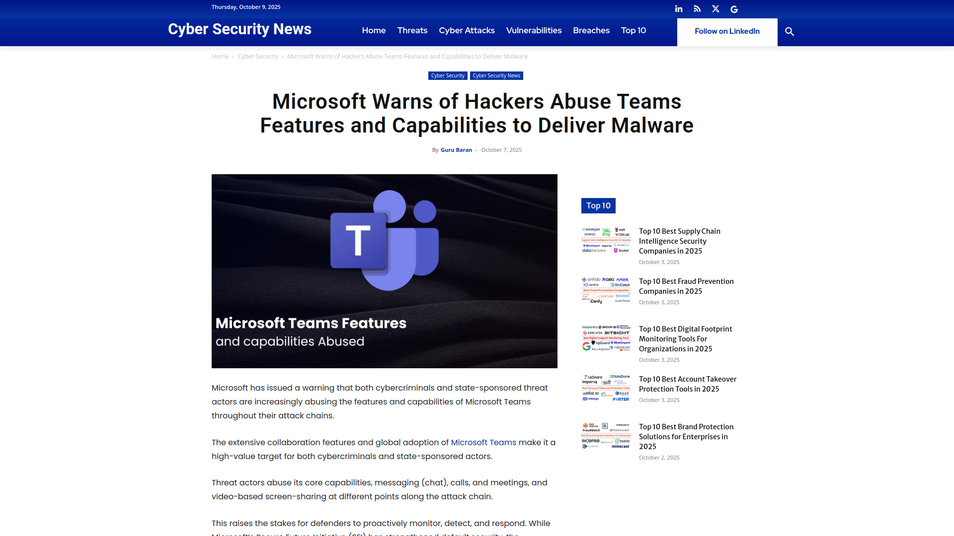 Microsoft Warns of Hackers Abuse Teams Features and Capabilities to Deliver Malware