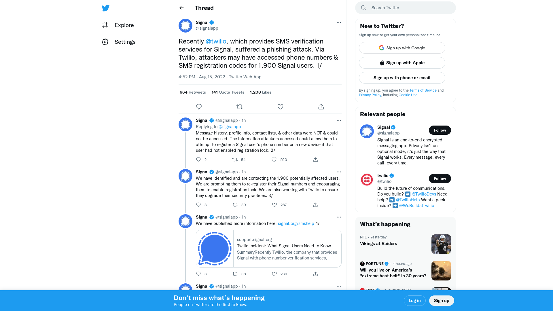 Signal on Twitter: "Recently @twilio, which provides SMS verification services for Signal, suffered a phishing attack. Via Twilio, attackers may have accessed phone numbers &amp; SMS registration codes for 1,900 Signal users. 1/" / Twitter