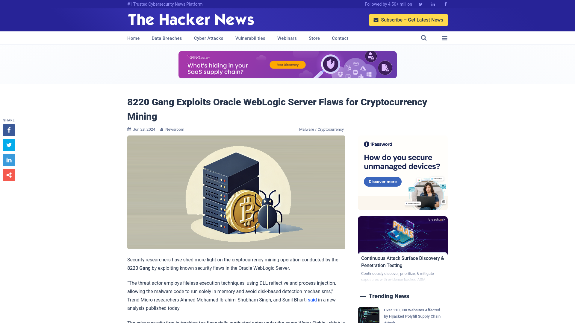 8220 Gang Exploits Oracle WebLogic Server Flaws for Cryptocurrency Mining