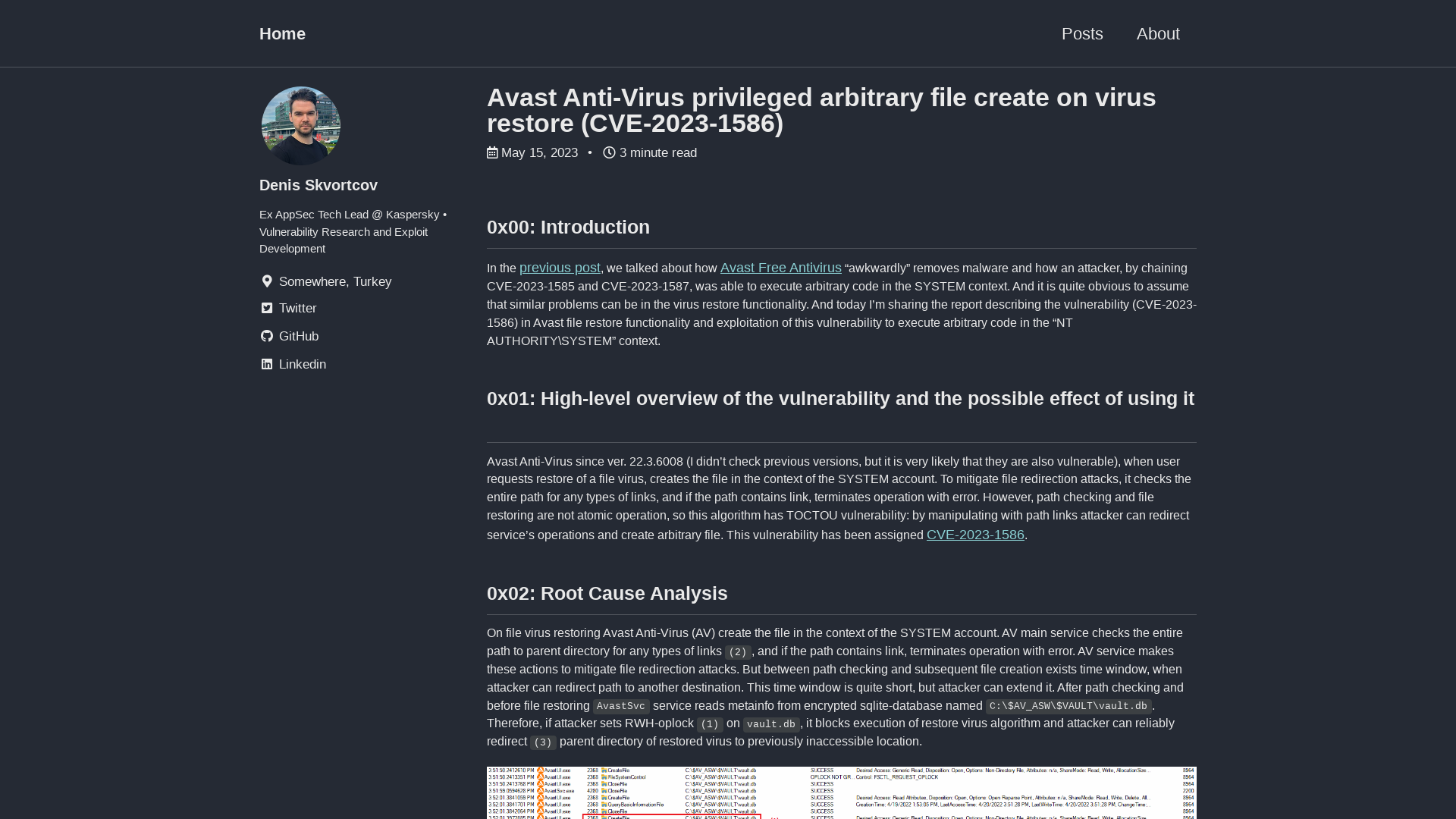 Avast Anti-Virus privileged arbitrary file create on virus restore (CVE-2023-1586) | the-deniss.github.io