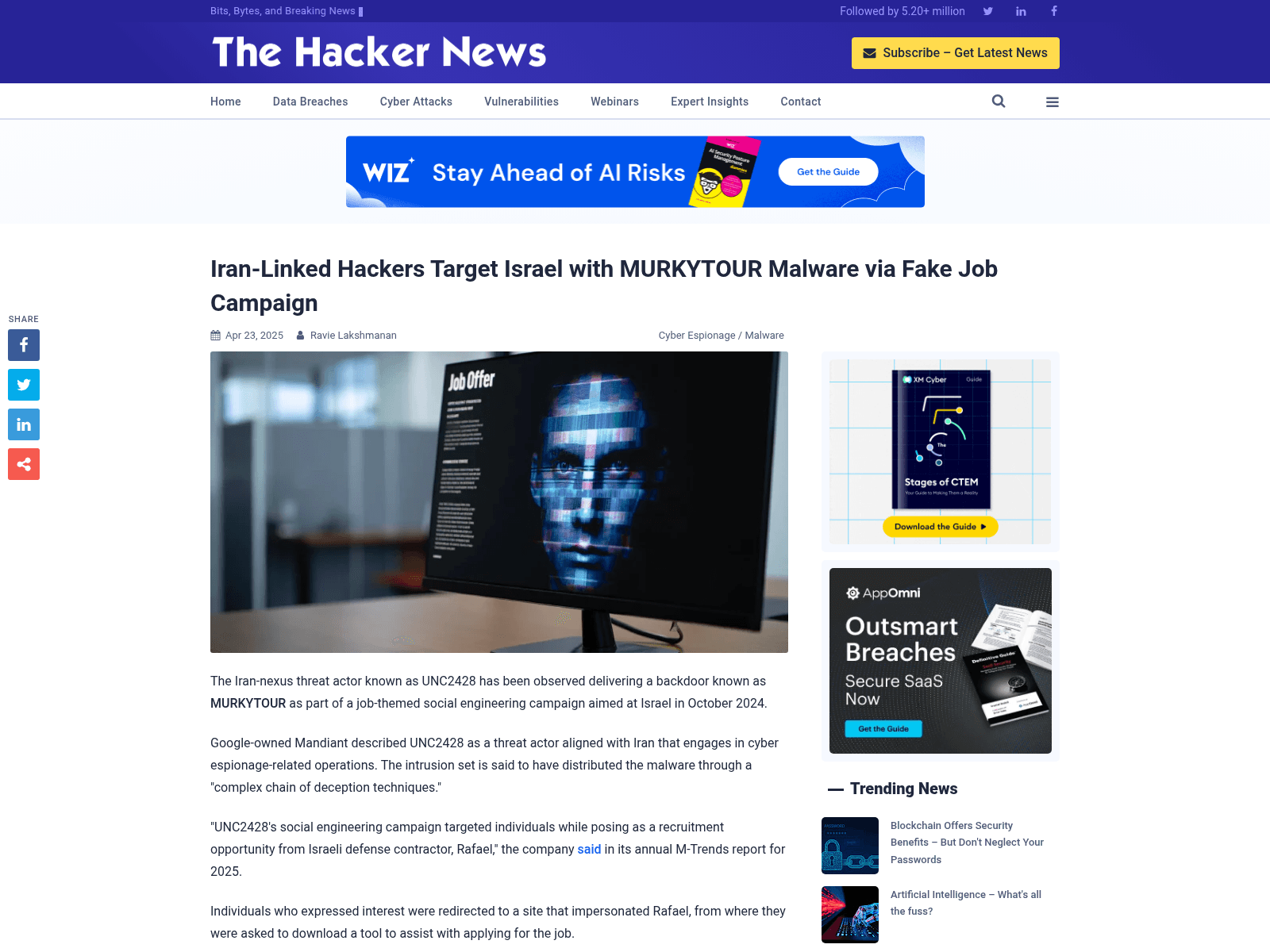 Iran-Linked Hackers Target Israel with MURKYTOUR Malware via Fake Job Campaign