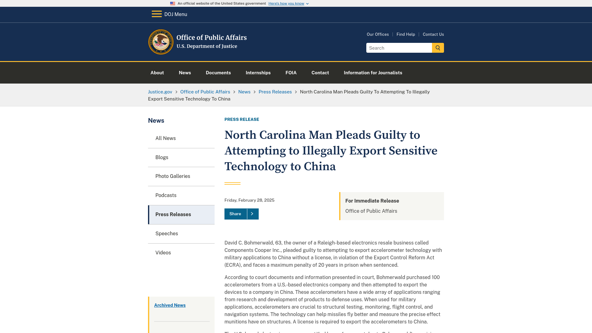 Office of Public Affairs | North Carolina Man Pleads Guilty to Attempting to Illegally Export Sensitive Technology to China | United States Department of Justice