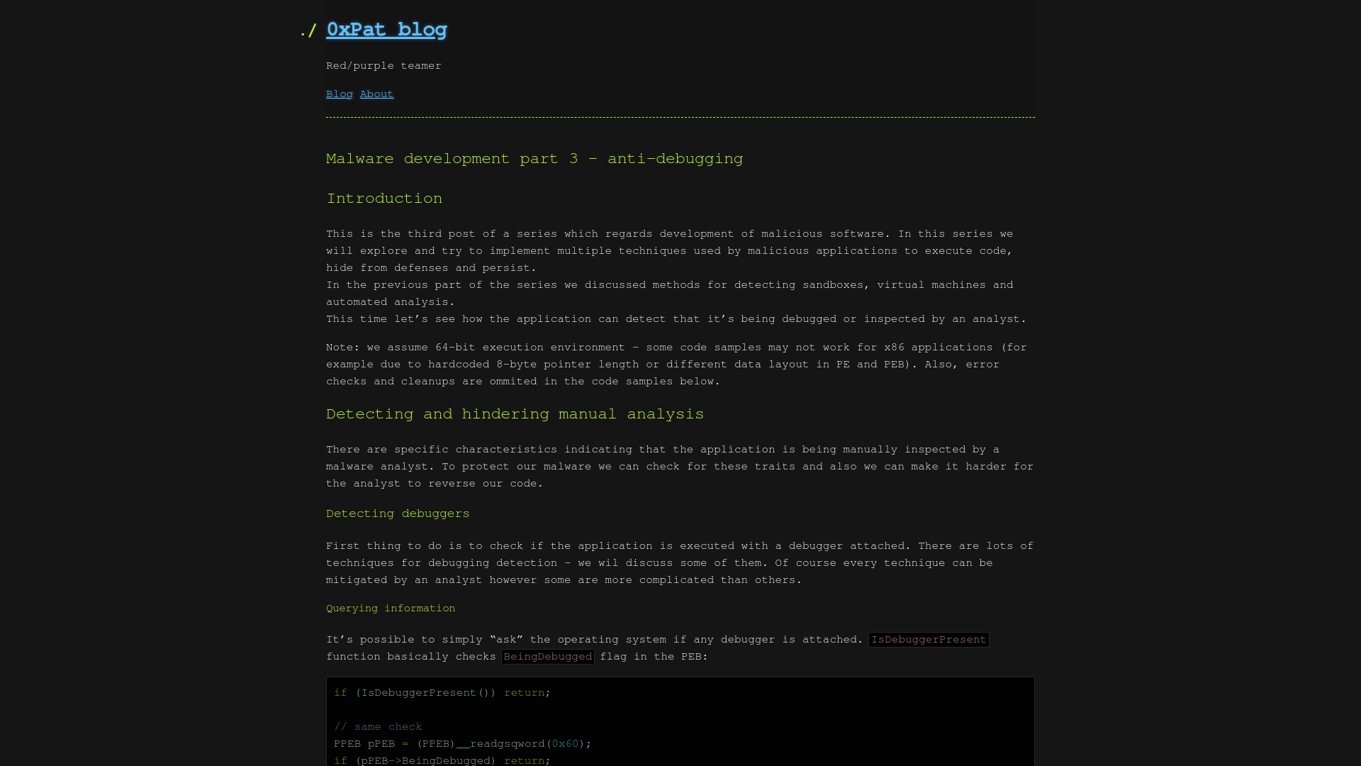 Malware development part 3 - anti-debugging – 0xPat blog – Red/purple teamer