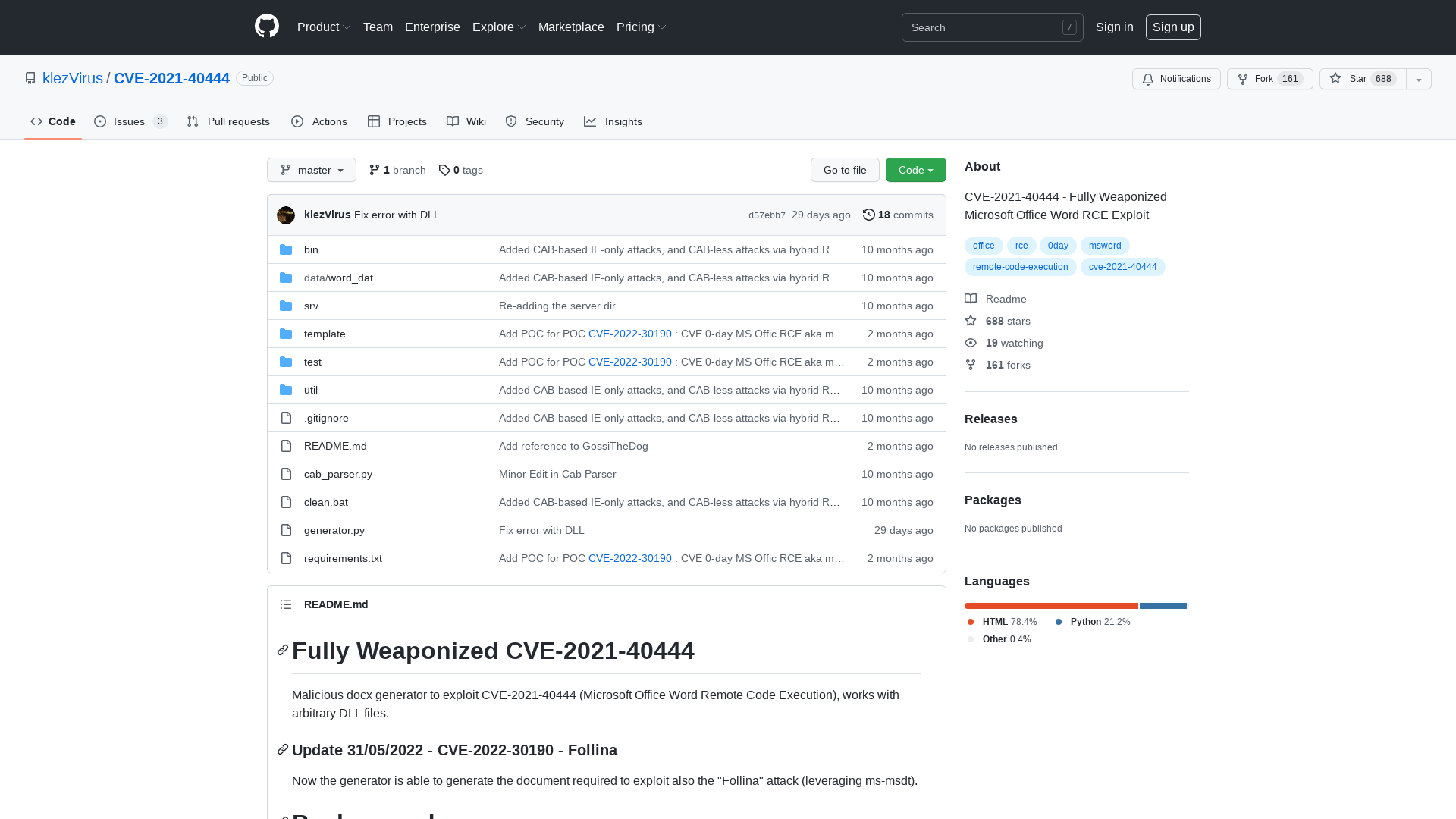 GitHub - klezVirus/CVE-2021-40444: CVE-2021-40444 - Fully Weaponized Microsoft Office Word RCE Exploit