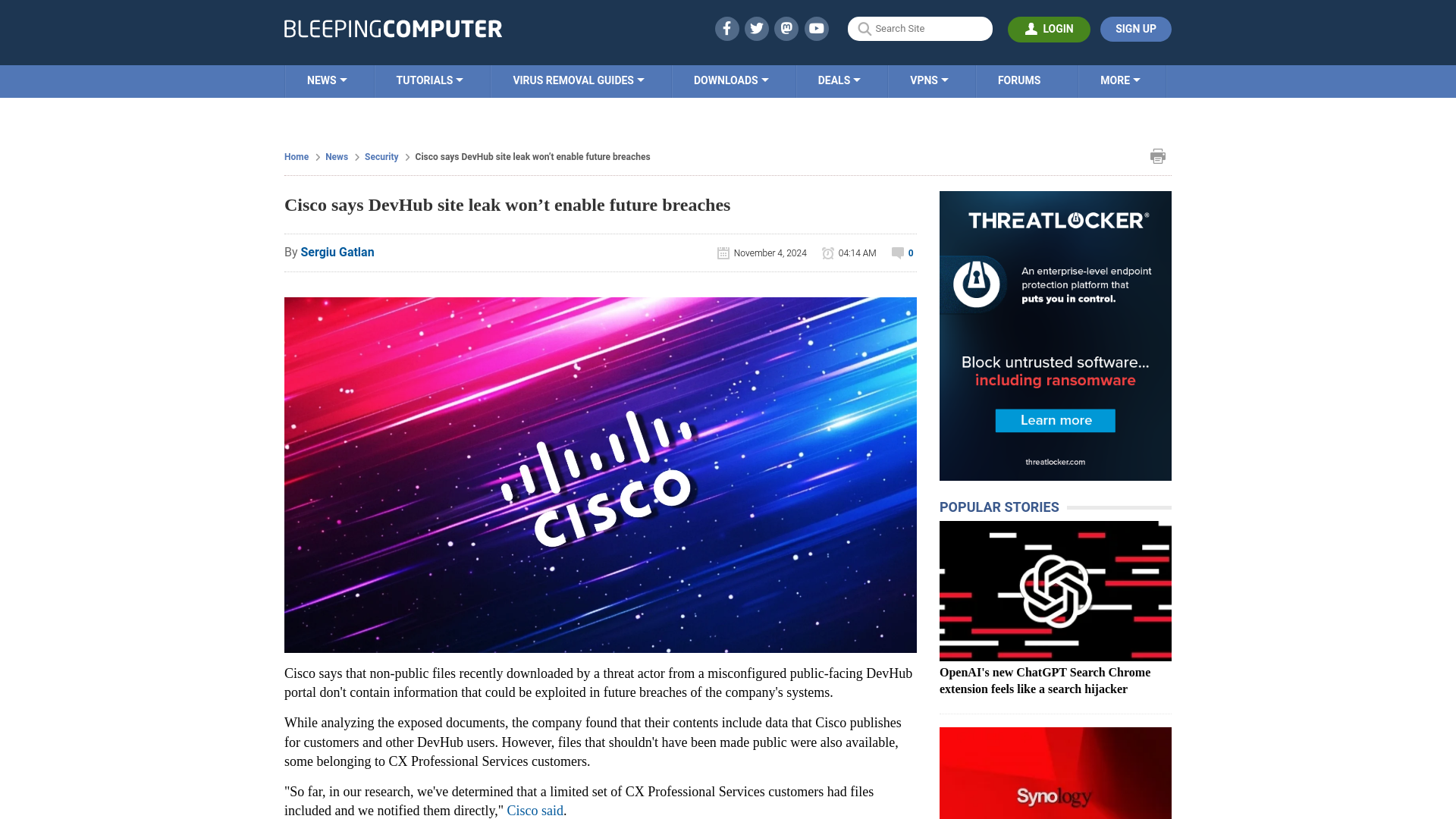 Cisco says DevHub site leak won’t enable future breaches