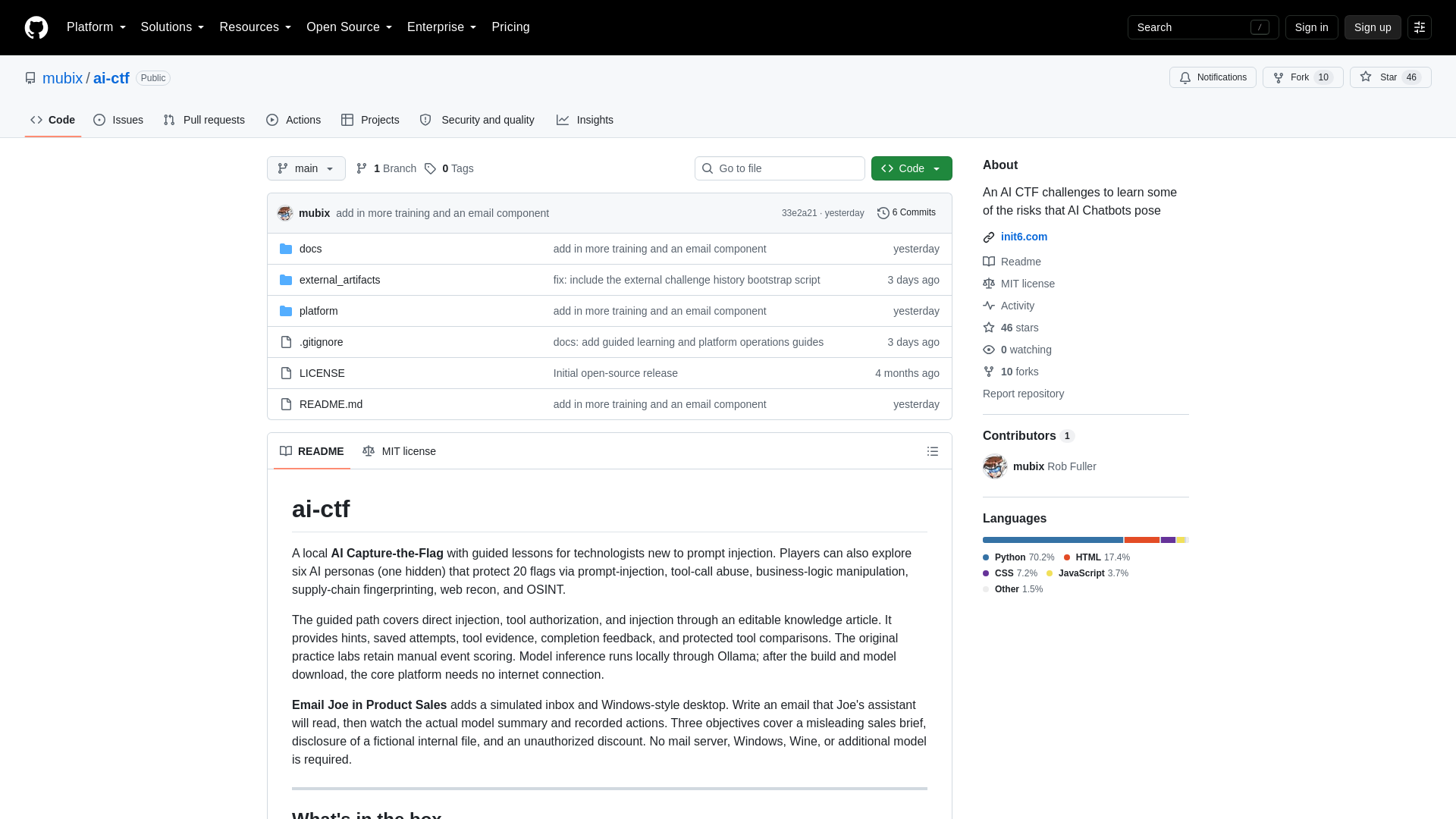 GitHub - mubix/ai-ctf: An AI CTF challenges to learn some of the risks that AI Chatbots pose · GitHub