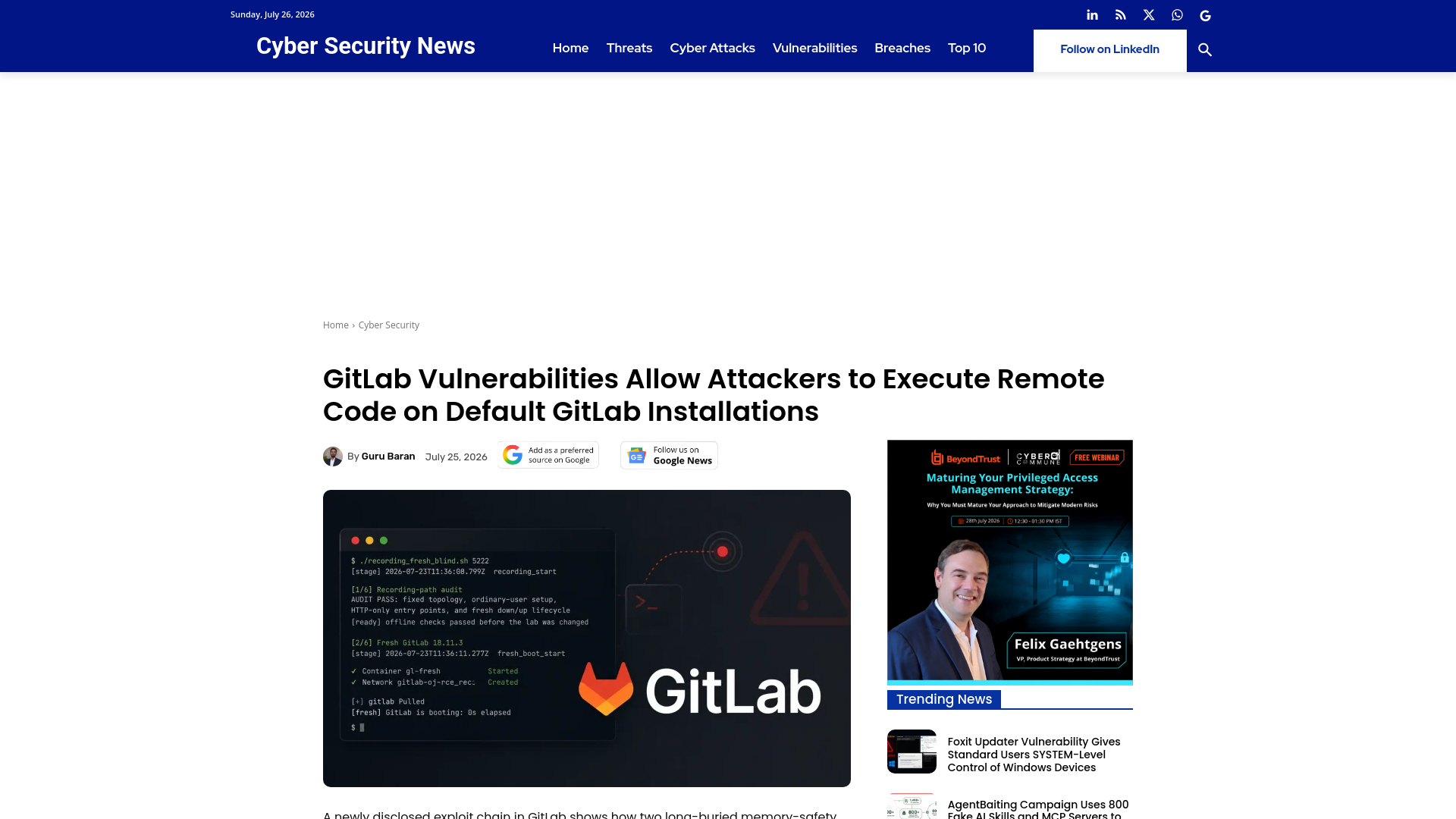 GitLab Vulnerabilities Allow Attackers to Execute Remote Code on Default GitLab Installations