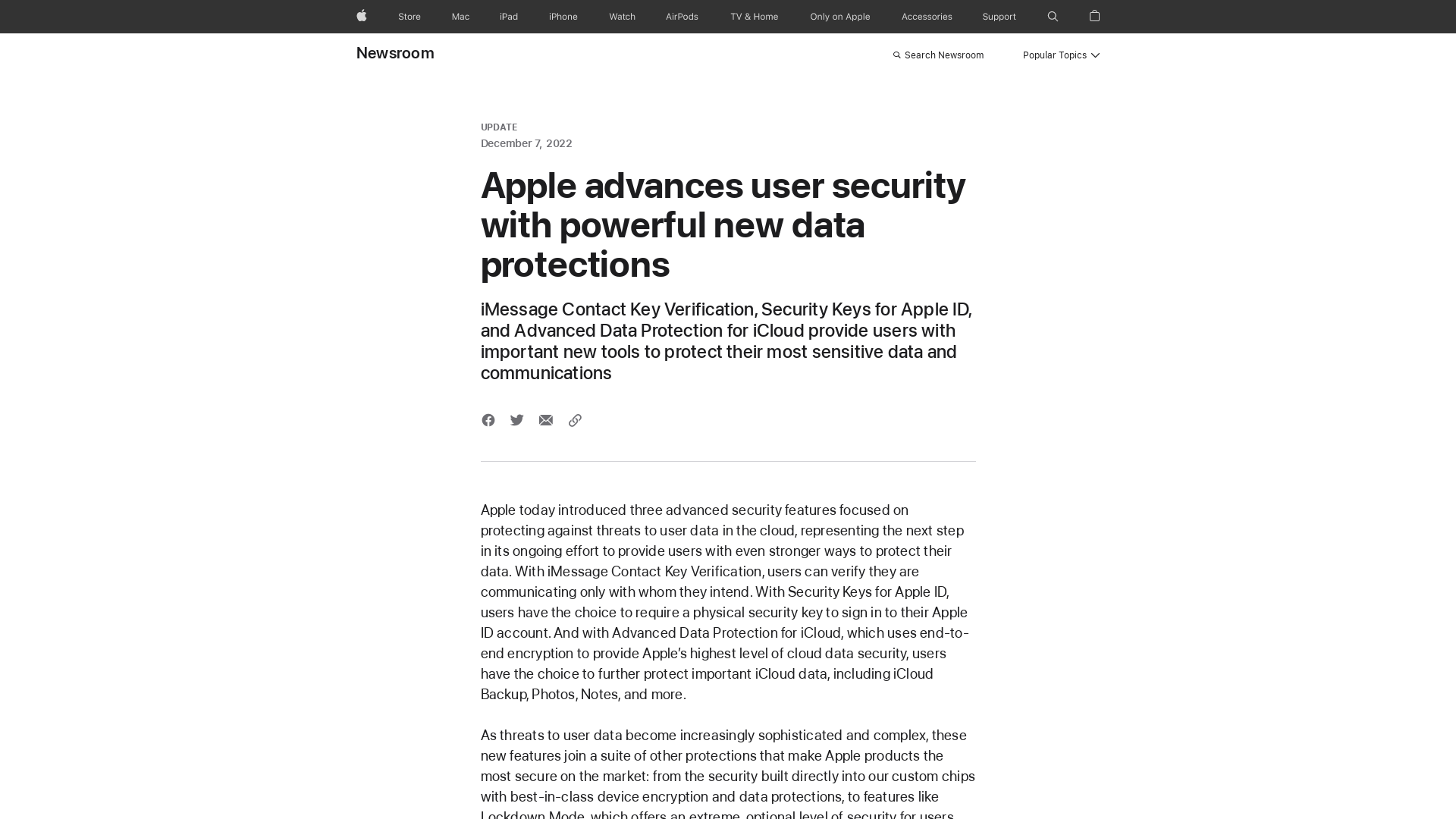 Apple advances user security with powerful new data protections - Apple