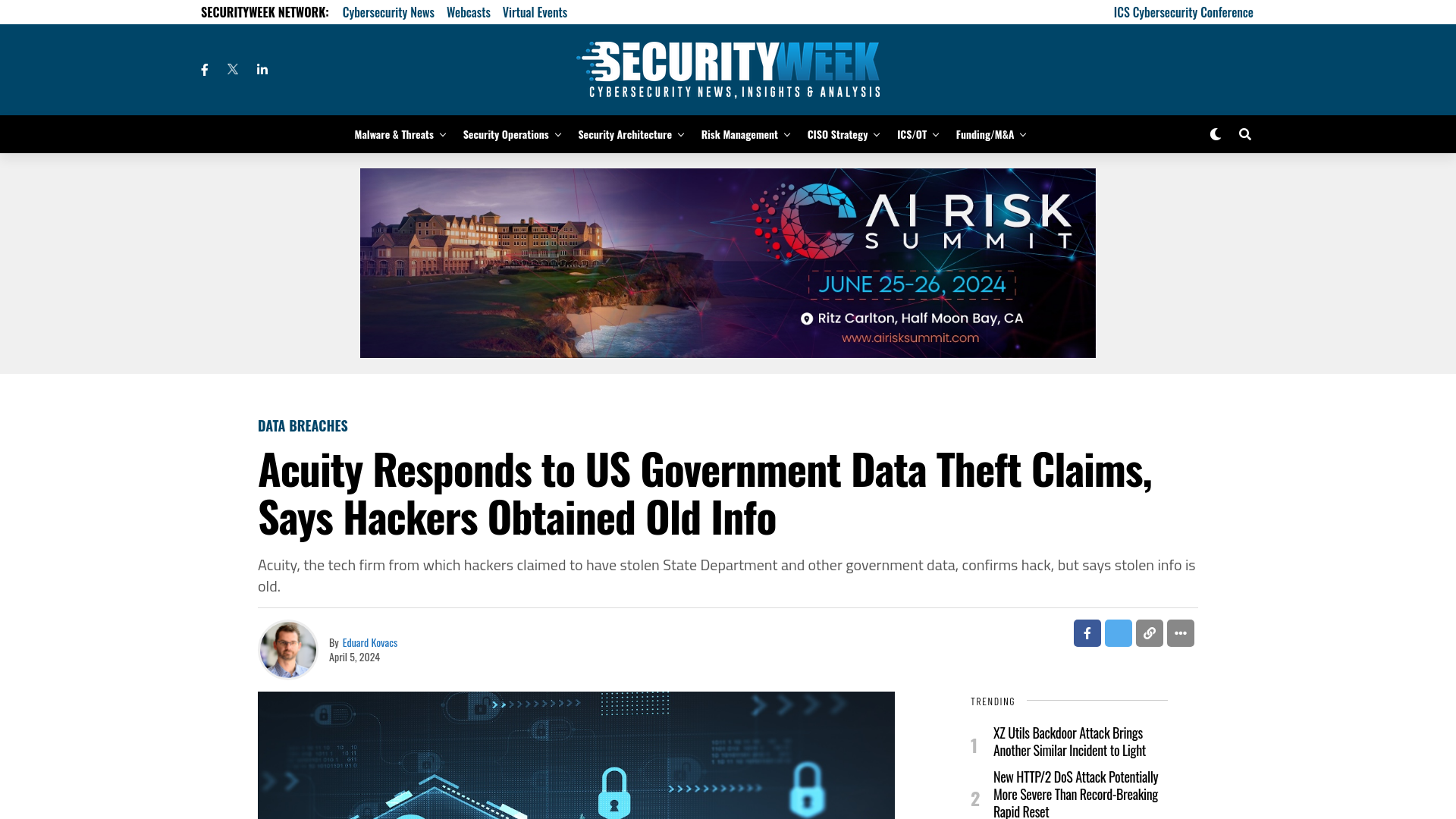 Acuity Responds to US Government Data Theft Claims, Says Hackers Obtained Old Info - SecurityWeek