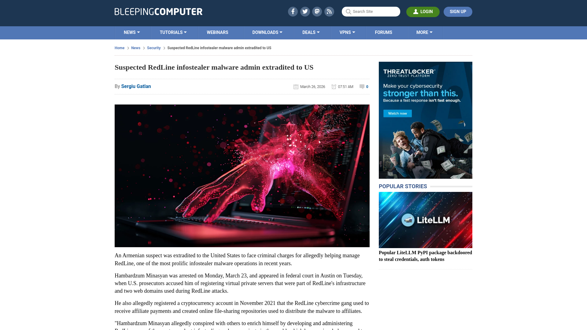 Suspected RedLine infostealer malware admin extradited to US