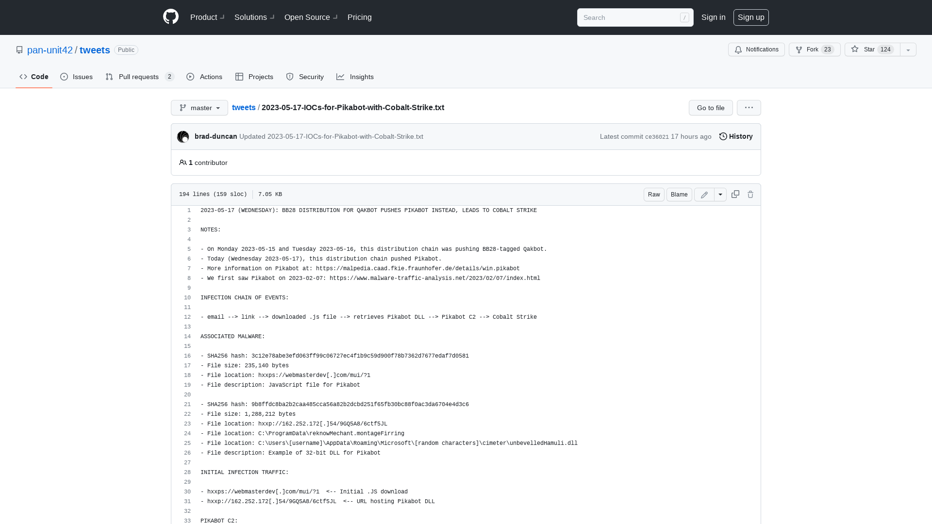 tweets/2023-05-17-IOCs-for-Pikabot-with-Cobalt-Strike.txt at master · pan-unit42/tweets · GitHub