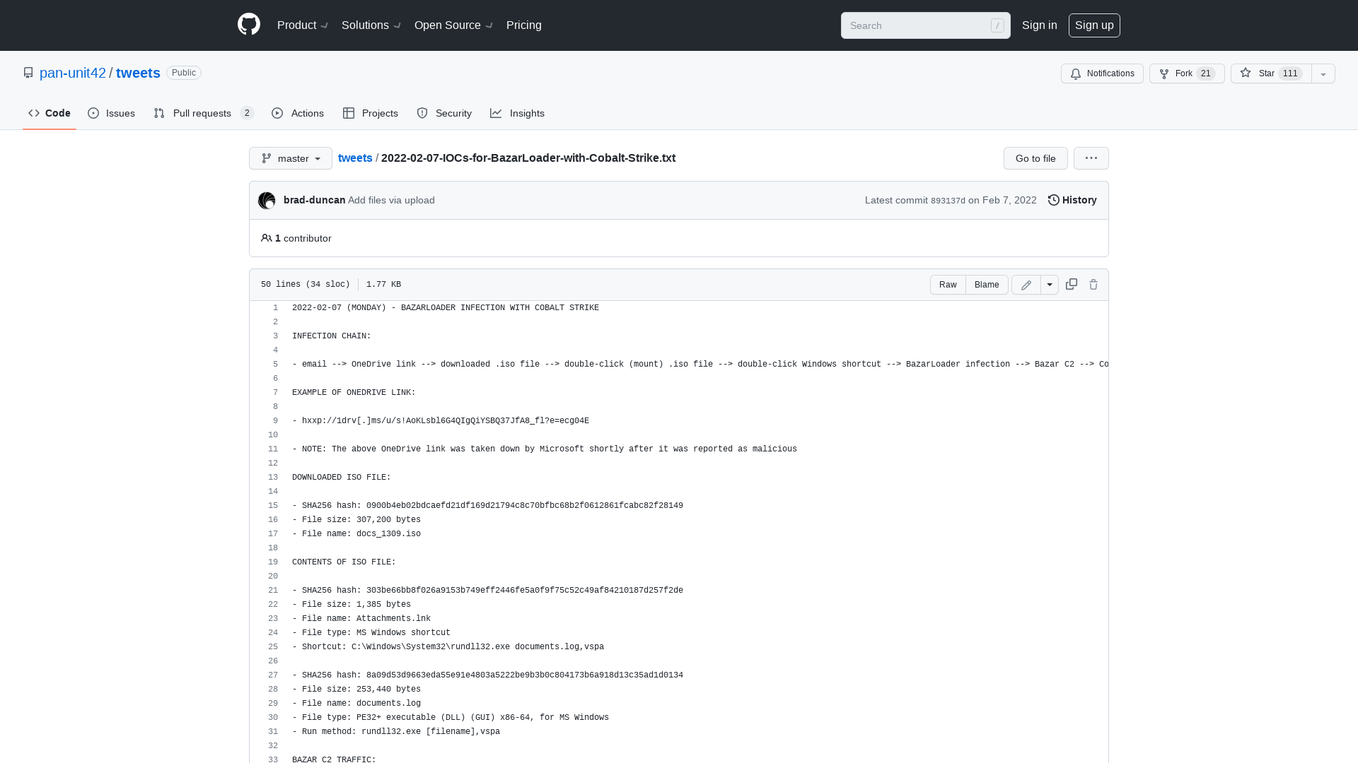tweets/2022-02-07-IOCs-for-BazarLoader-with-Cobalt-Strike.txt at master · pan-unit42/tweets · GitHub