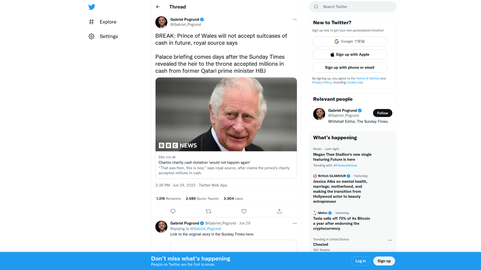 Gabriel Pogrund on Twitter: "BREAK: Prince of Wales will not accept suitcases of cash in future, royal source says Palace briefing comes days after the Sunday Times revealed the heir to the throne accepted millions in cash from former Qatari prime minister HBJ https://t.co/1muM4r2dDA" / Twitter