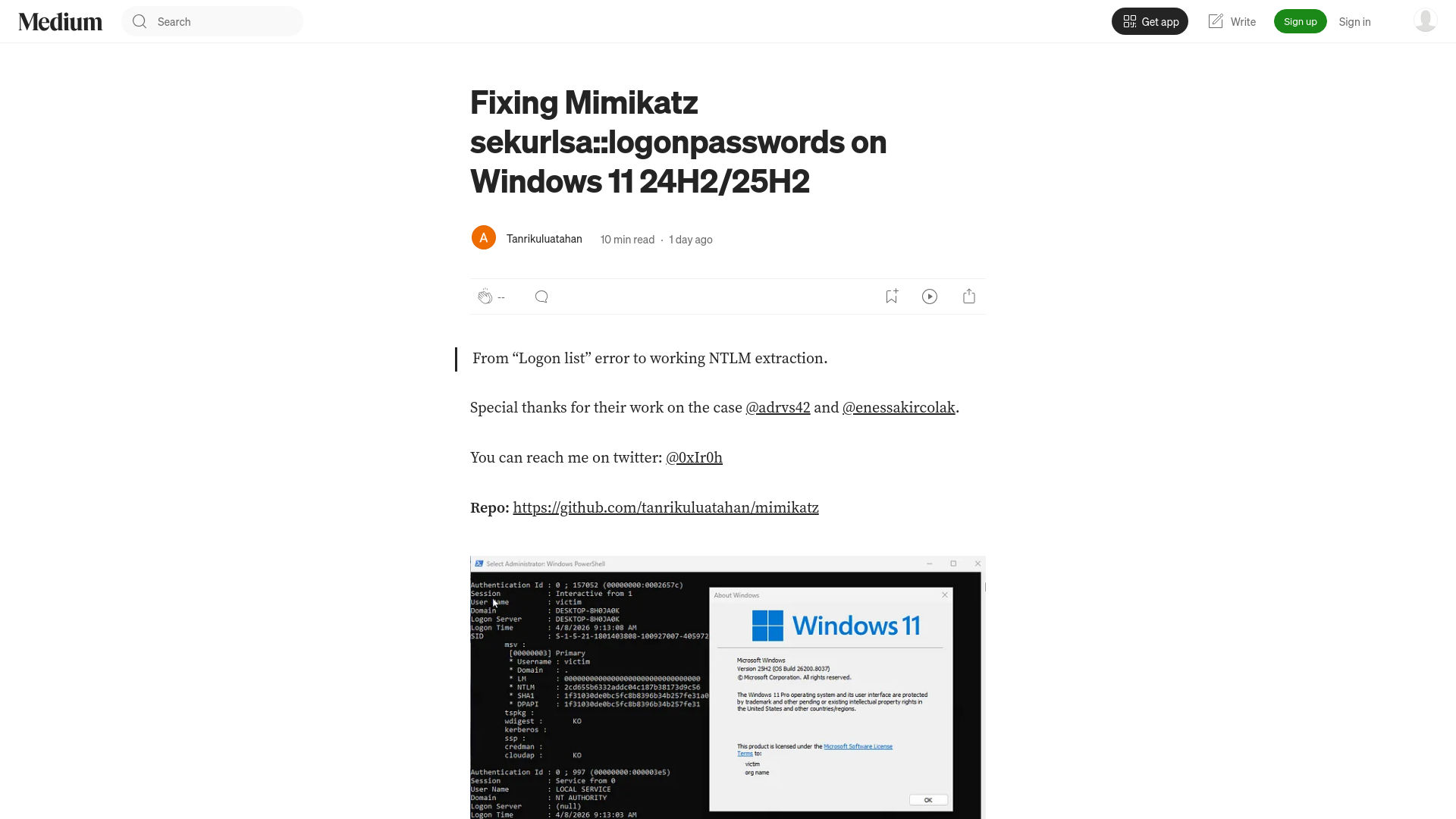 Fixing Mimikatz sekurlsa::logonpasswords on Windows 11 24H2/25H2 | by Tanrikuluatahan | Apr, 2026 | Medium