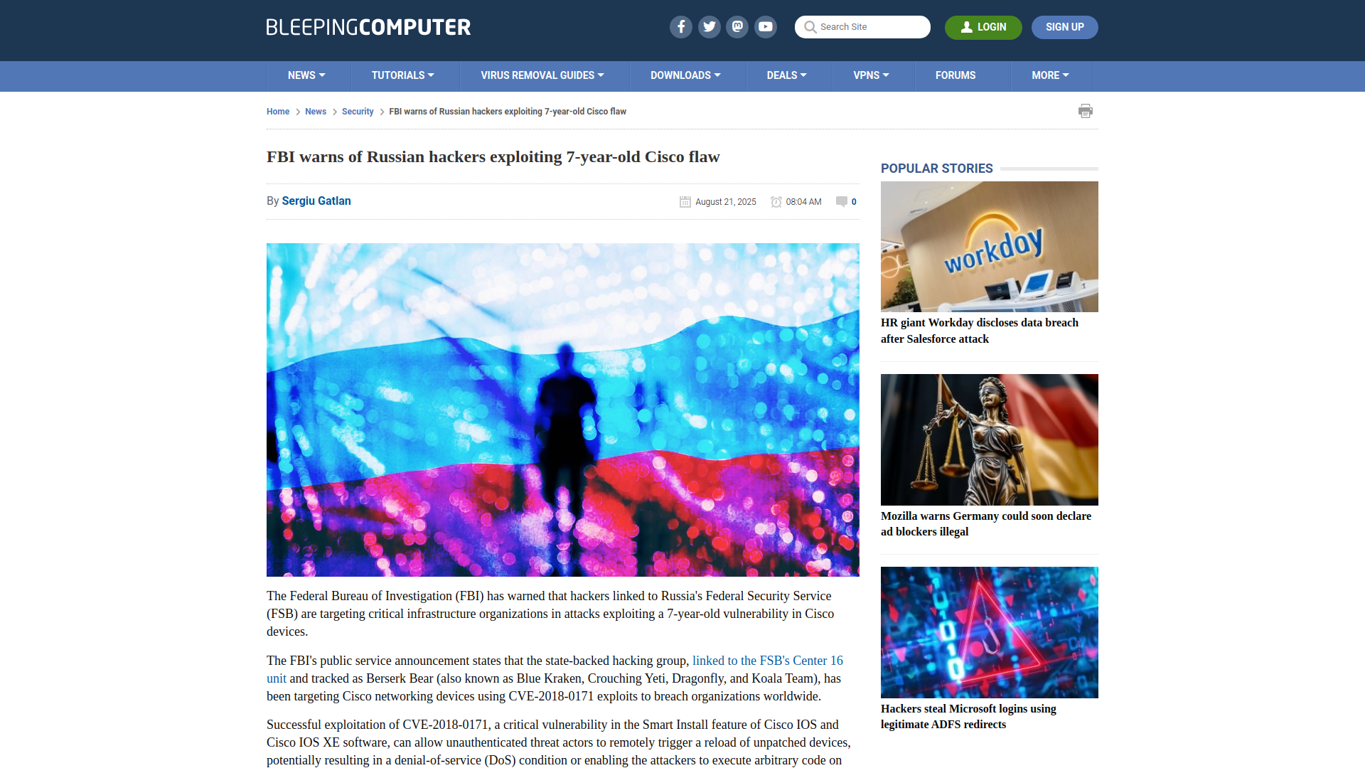 FBI warns of Russian hackers exploiting 7-year-old Cisco flaw
