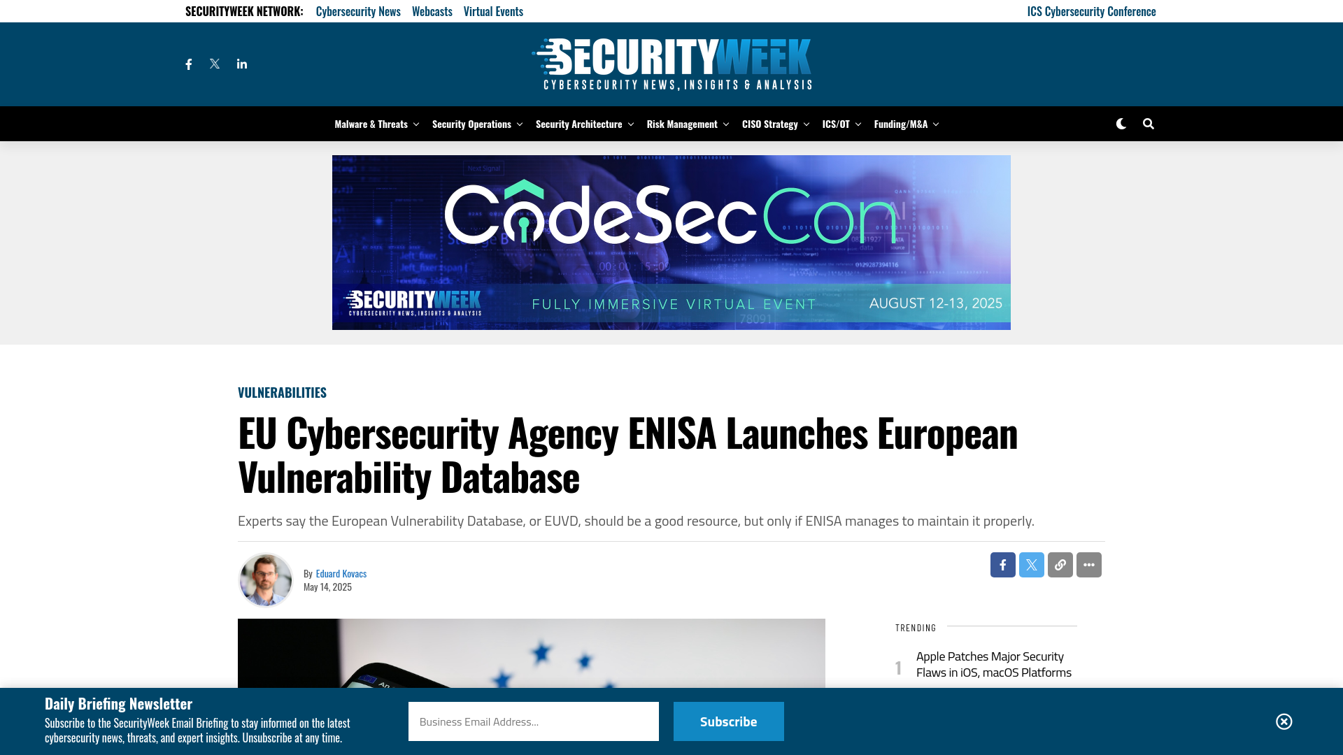 EU Cybersecurity Agency ENISA Launches European Vulnerability Database - SecurityWeek