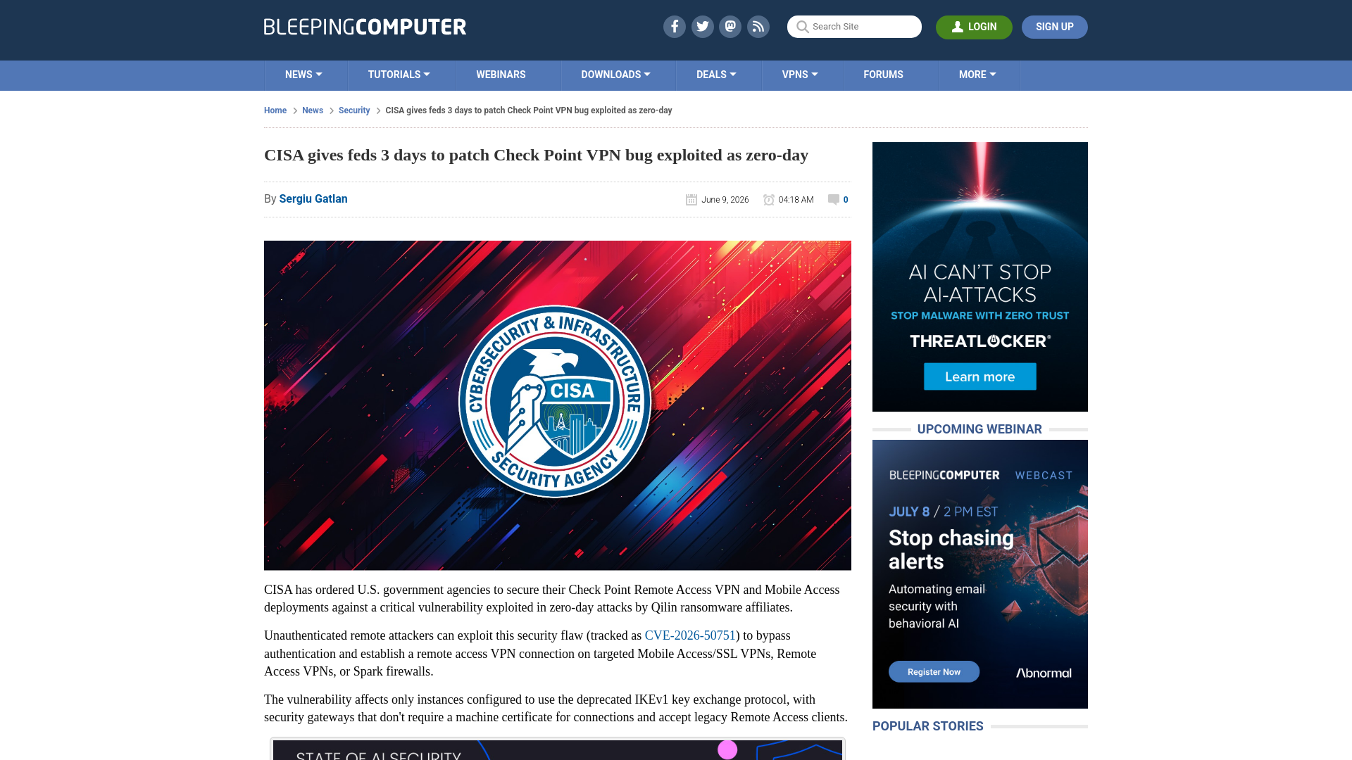 CISA gives feds 3 days to patch Check Point VPN bug exploited as zero-day
