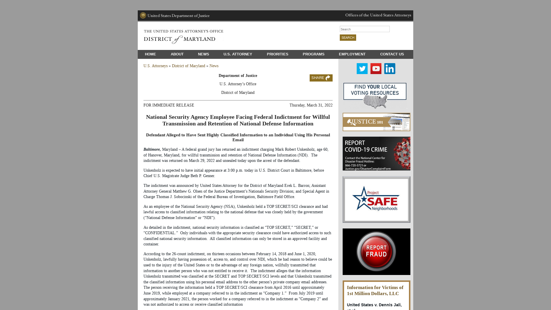 National Security Agency Employee Facing Federal Indictment for Willful Transmission and Retention of National Defense Information | USAO-MD | Department of Justice