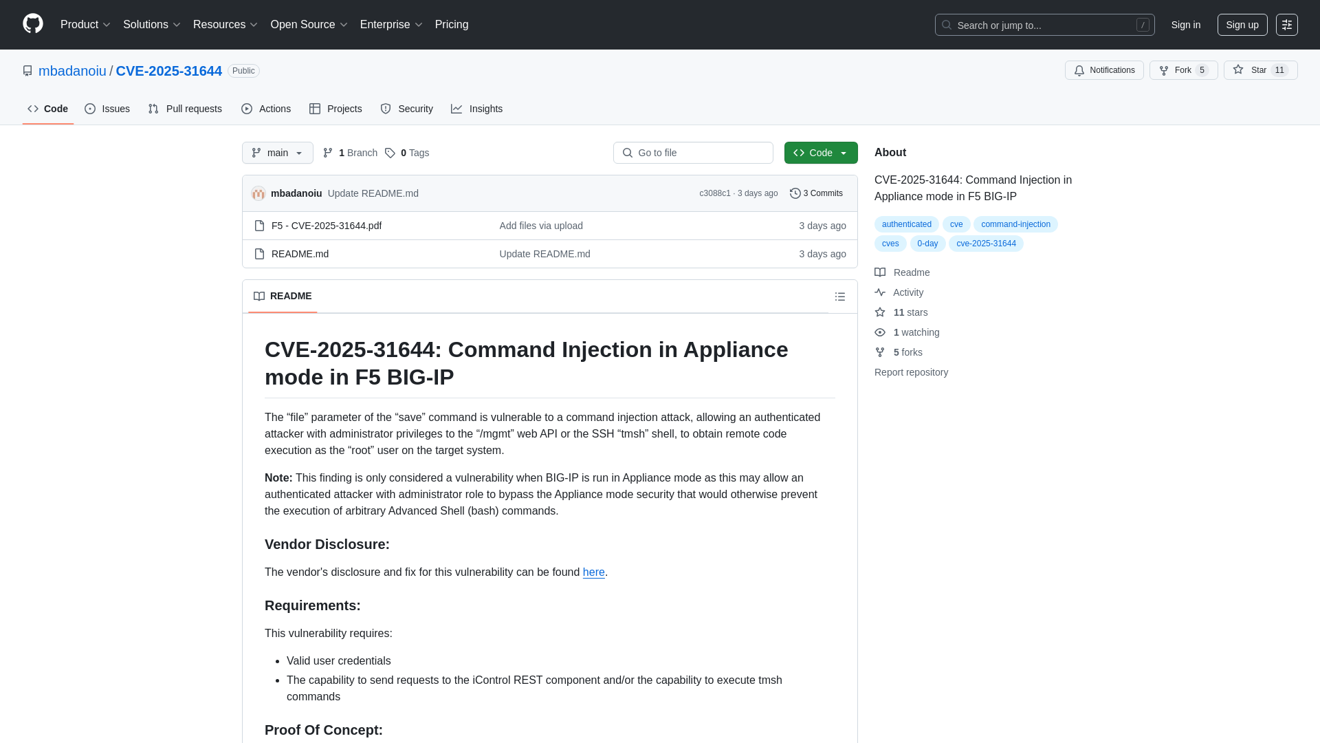 GitHub - mbadanoiu/CVE-2025-31644: CVE-2025-31644: Command Injection in Appliance mode in F5 BIG-IP