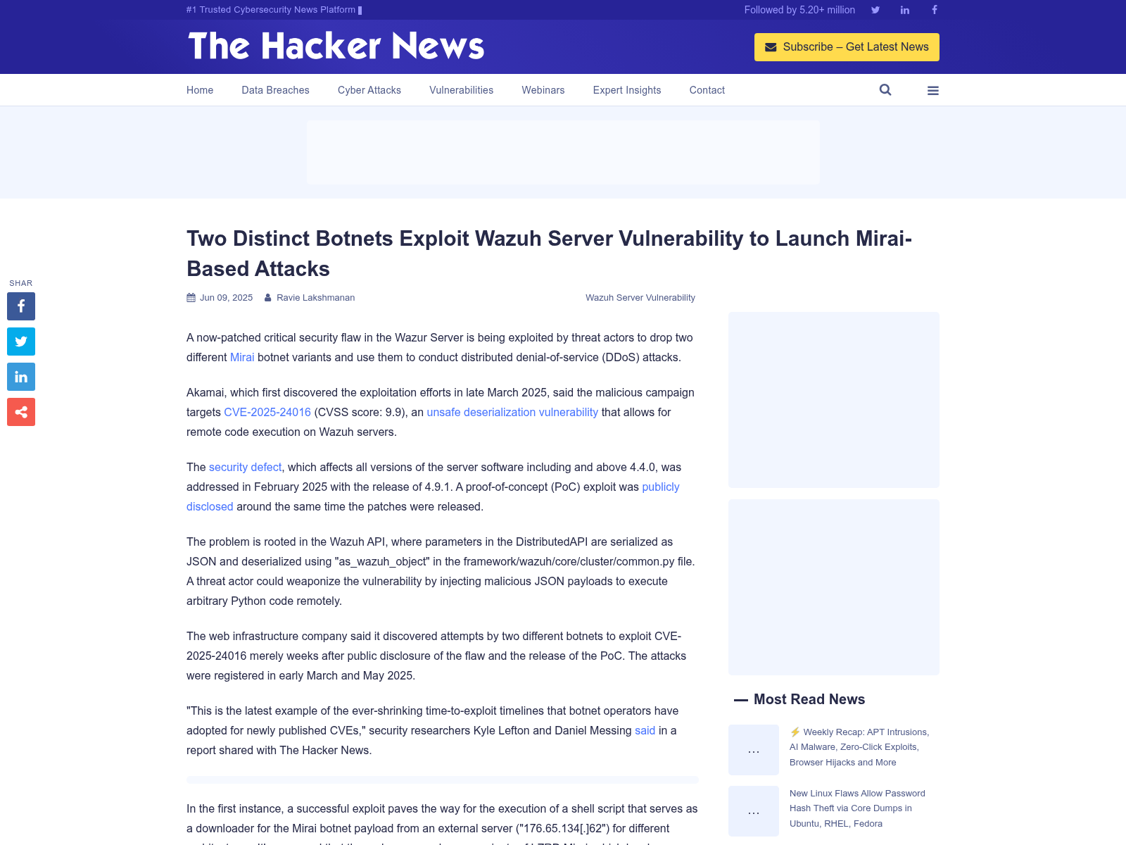 Two Distinct Botnets Exploit Wazuh Server Vulnerability to Launch Mirai-Based Attacks