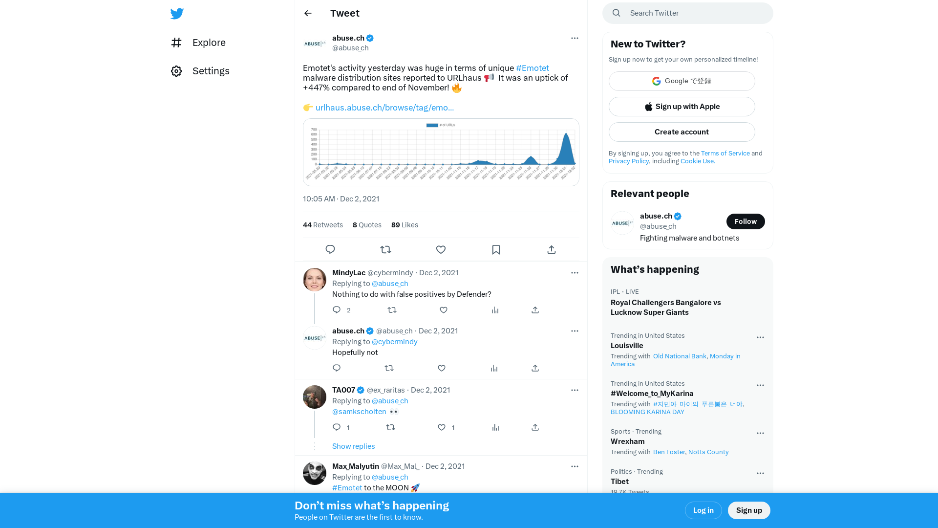 abuse.ch on Twitter: "Emotet's activity yesterday was huge in terms of unique #Emotet malware distribution sites reported to URLhaus 📢 It was an uptick of +447% compared to end of November! 🔥 👉 https://t.co/fkDITyH9GT https://t.co/iMJucbojgM" / Twitter