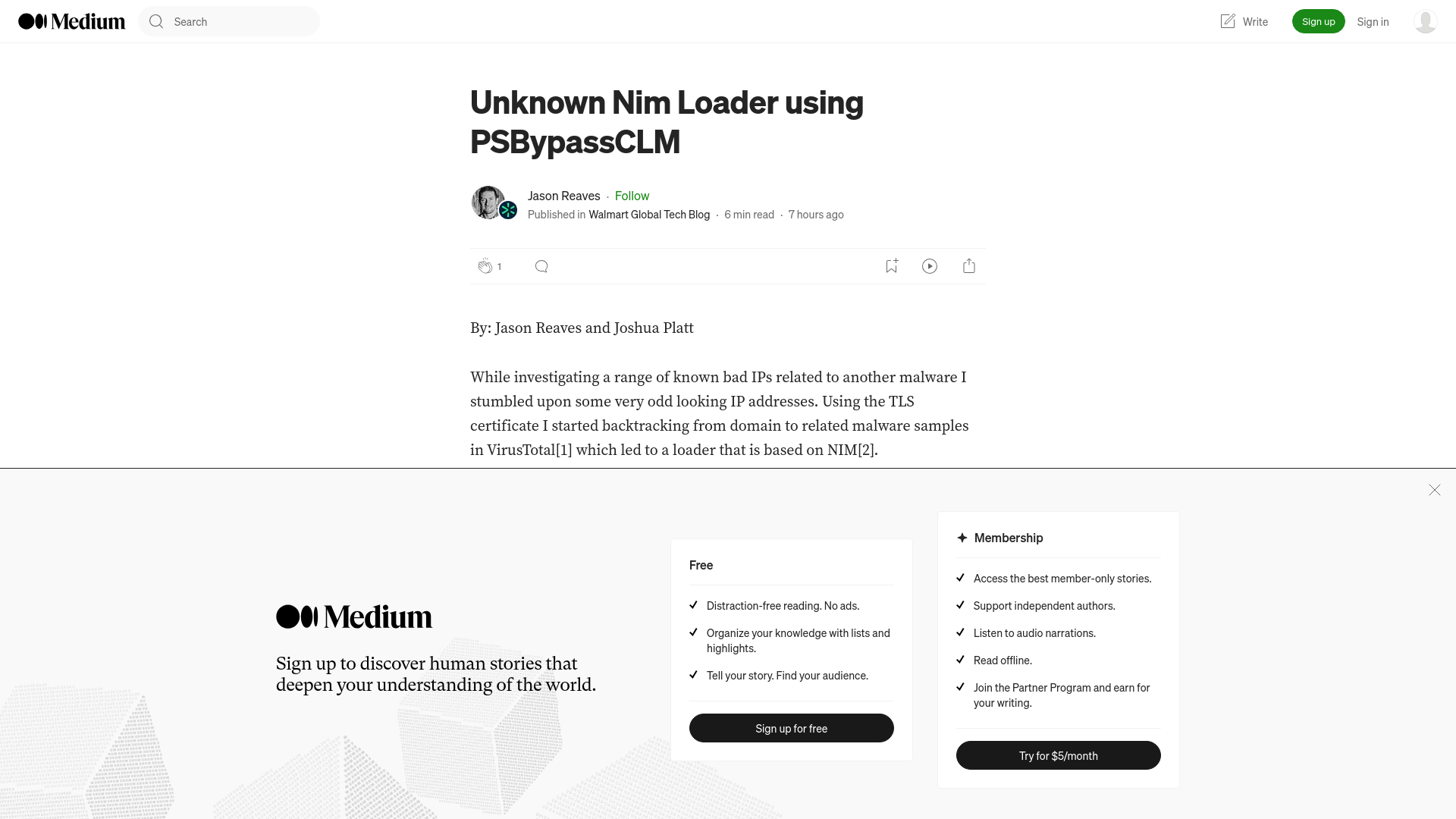 Unknown Nim Loader using PSBypassCLM | by Jason Reaves | Walmart Global Tech Blog | Mar, 2024 | Medium