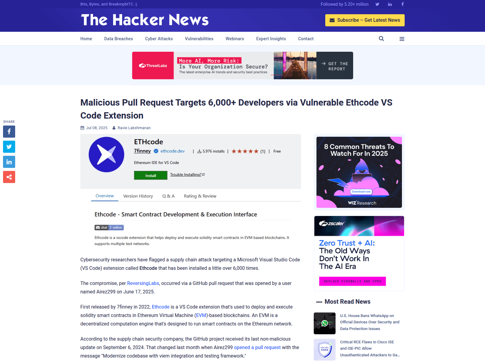 Malicious Pull Request Targets 6,000+ Developers via Vulnerable Ethcode VS Code Extension
