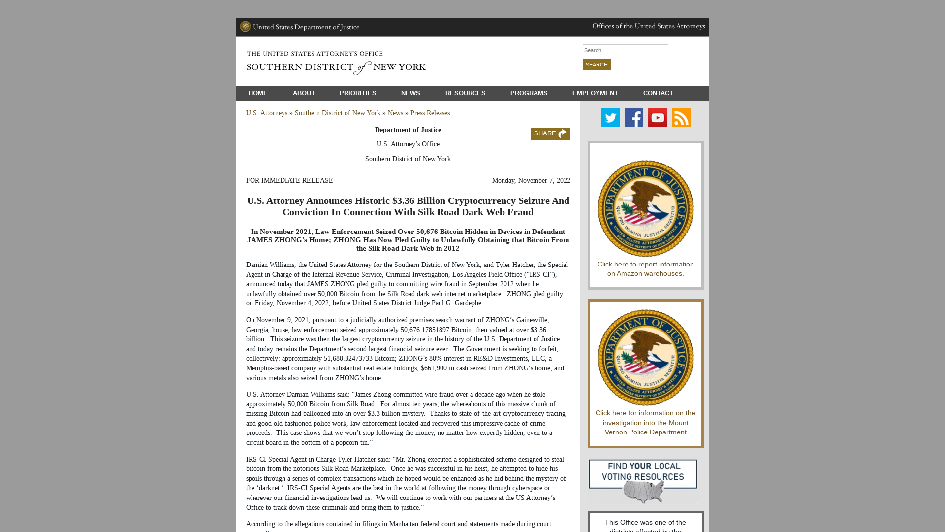 U.S. Attorney Announces Historic $3.36 Billion Cryptocurrency Seizure And Conviction In Connection With Silk Road Dark Web Fraud | USAO-SDNY | Department of Justice
