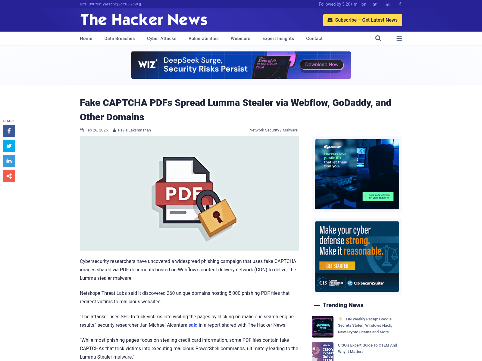 Fake CAPTCHA PDFs Spread Lumma Stealer via Webflow, GoDaddy, and Other Domains
