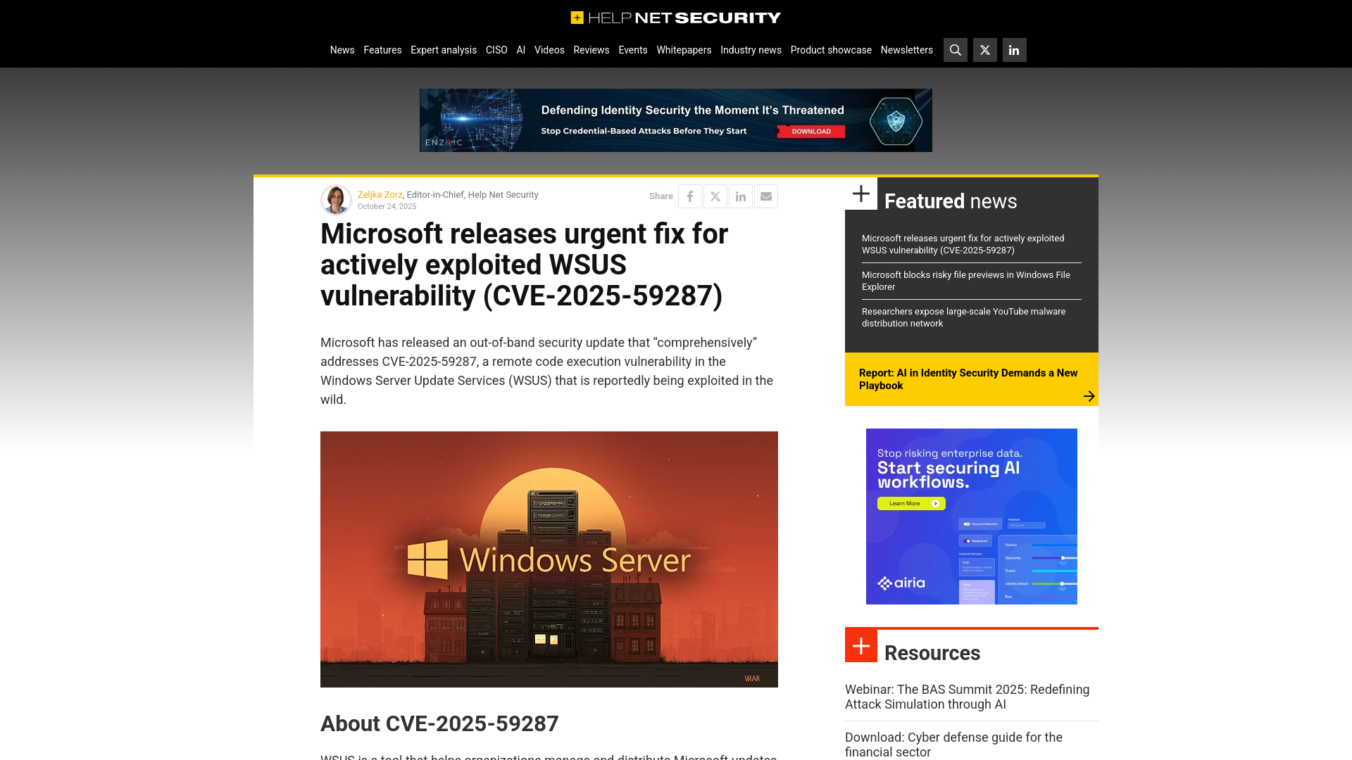 Microsoft releases urgent fix for actively exploited WSUS vulnerability (CVE-2025-59287) - Help Net Security