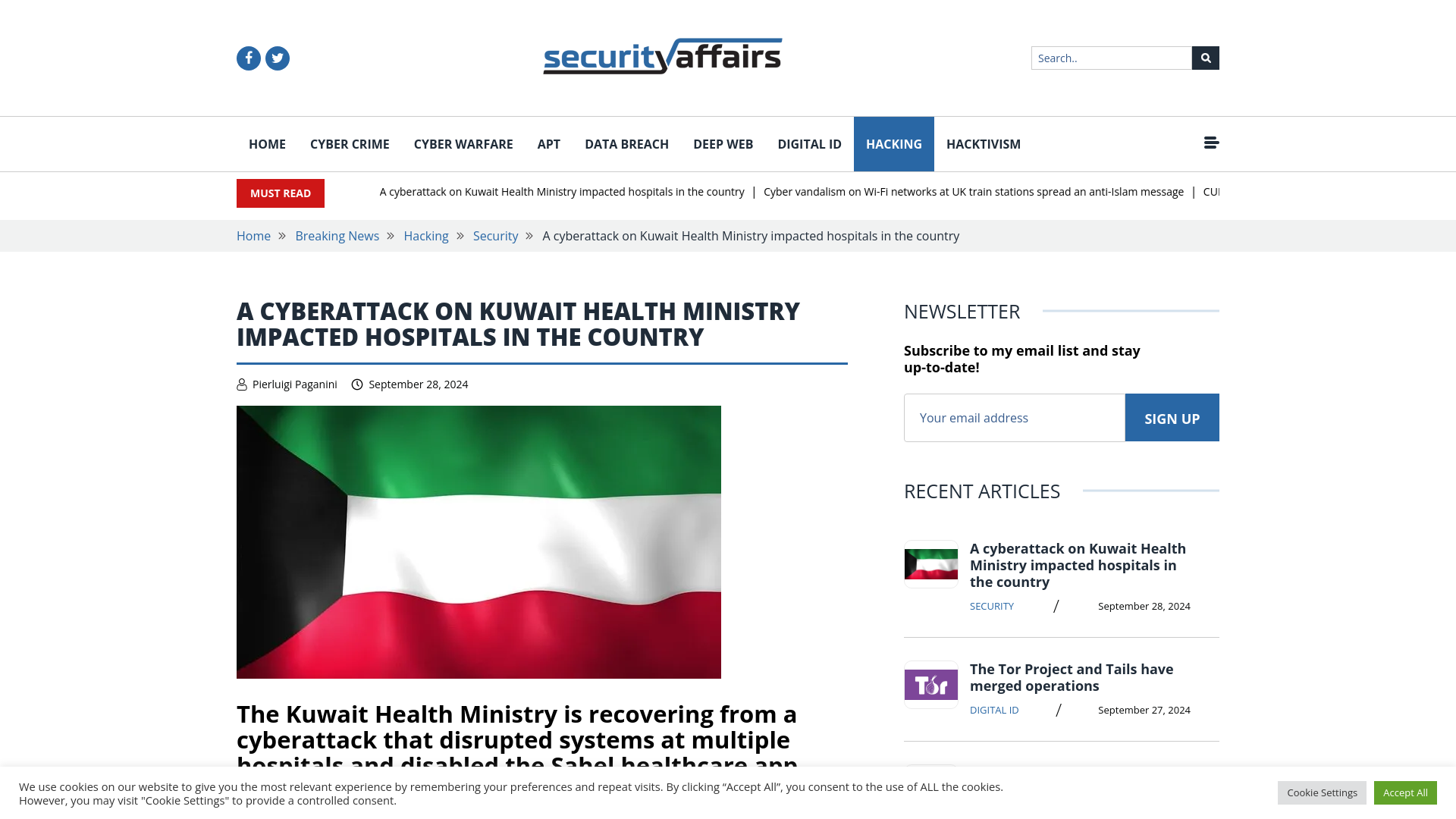 A cyberattack on Kuwait Health Ministry impacted hospitals in the country