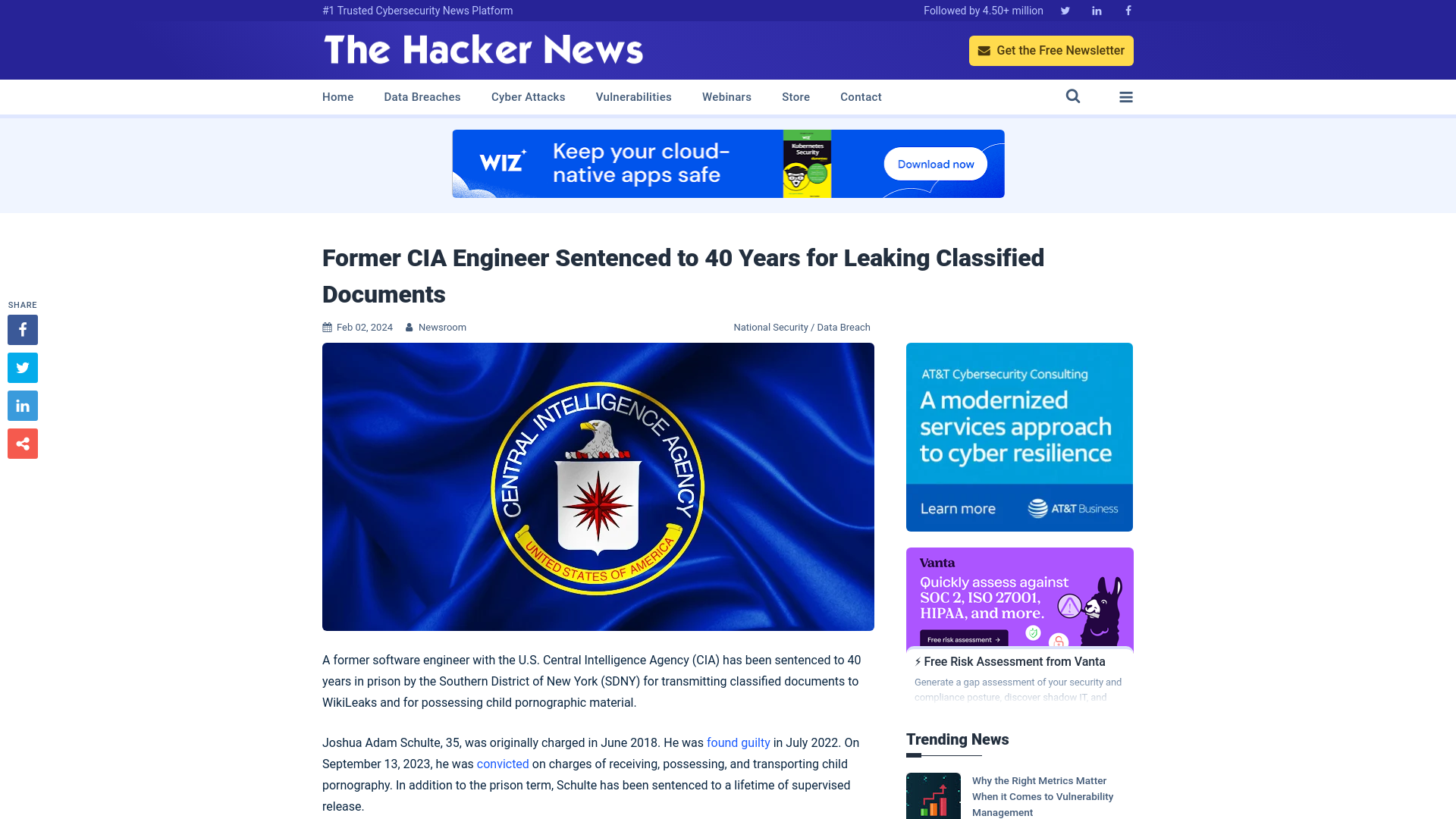 Former CIA Engineer Sentenced to 40 Years for Leaking Classified Documents