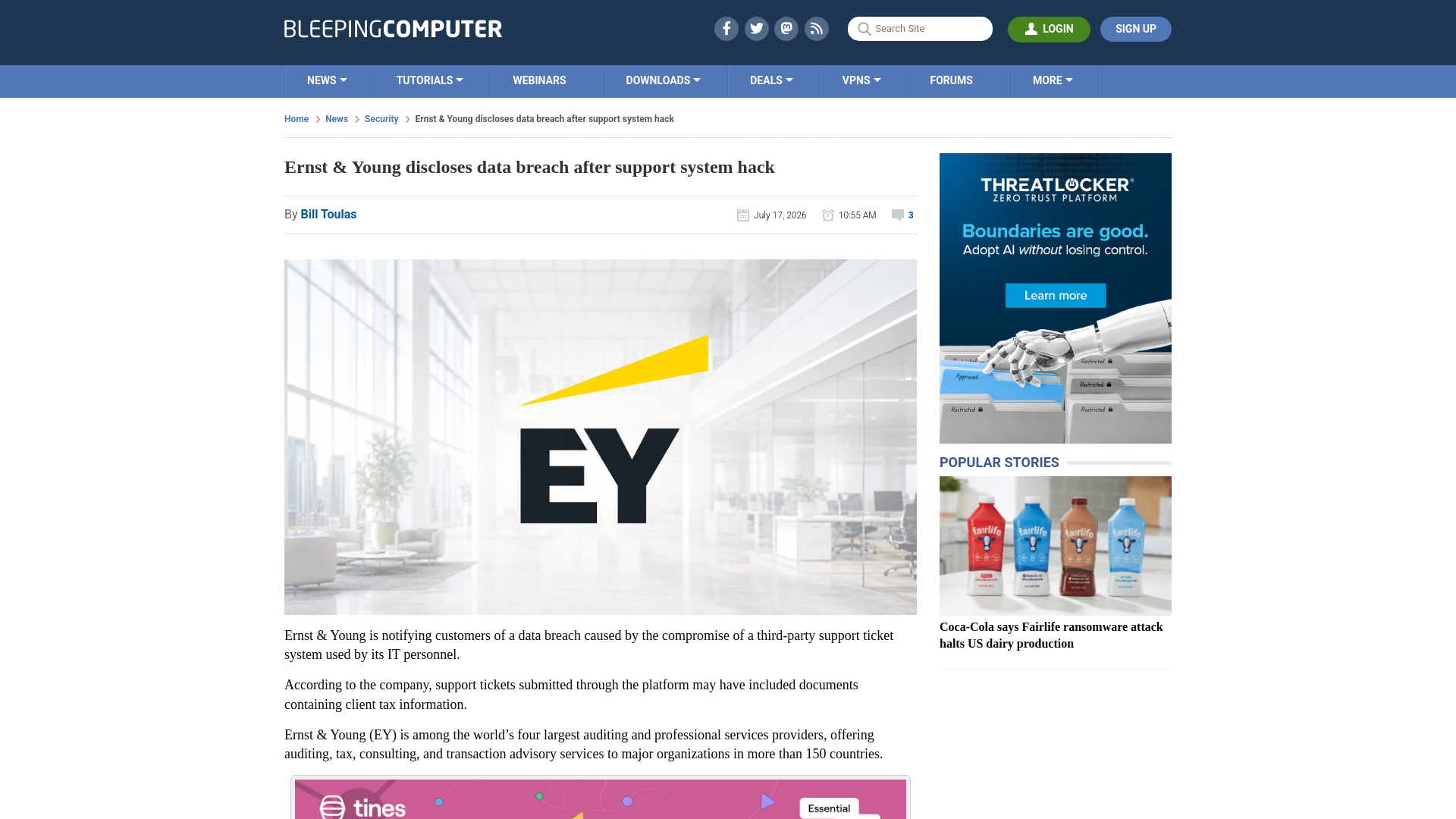 Ernst & Young discloses data breach after support system hack