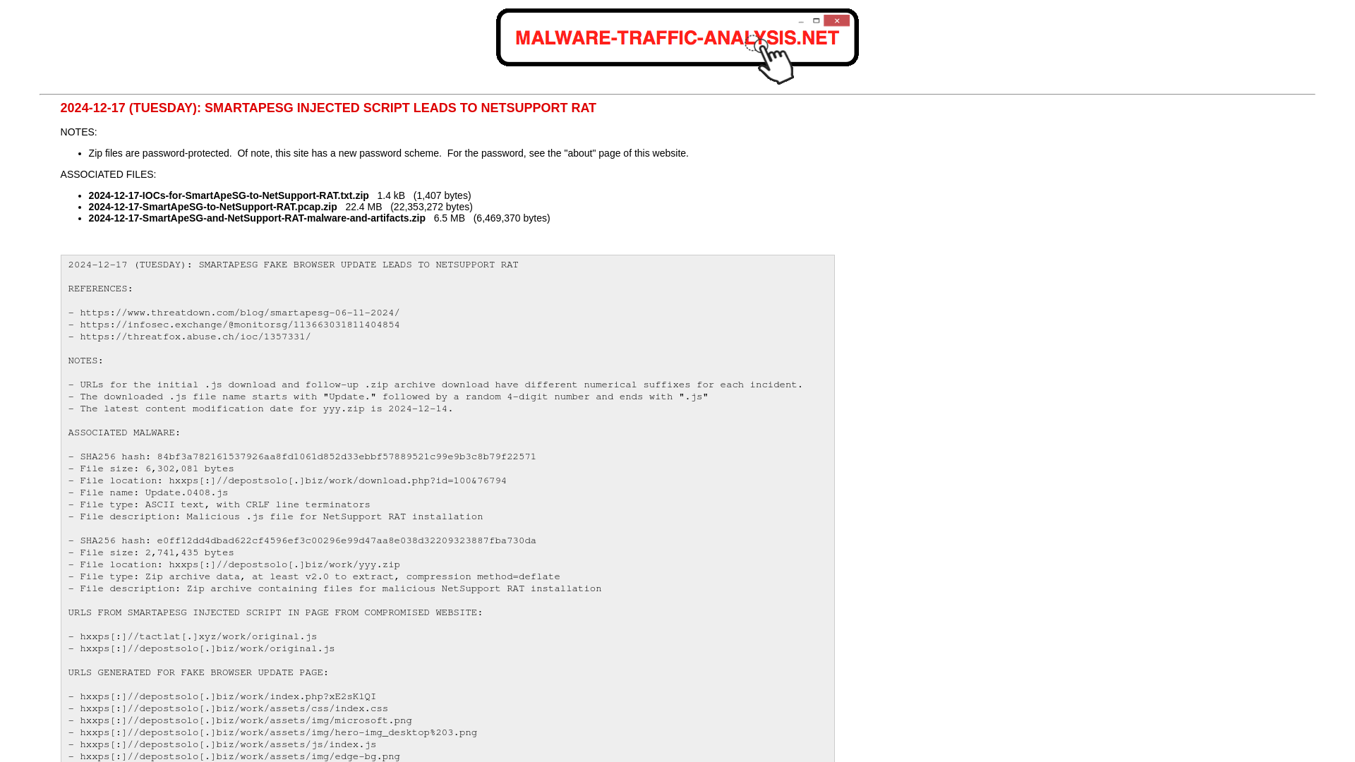 Malware-Traffic-Analysis.net - 2024-12-17: SmartApeSG injected script leads to NetSupport RAT