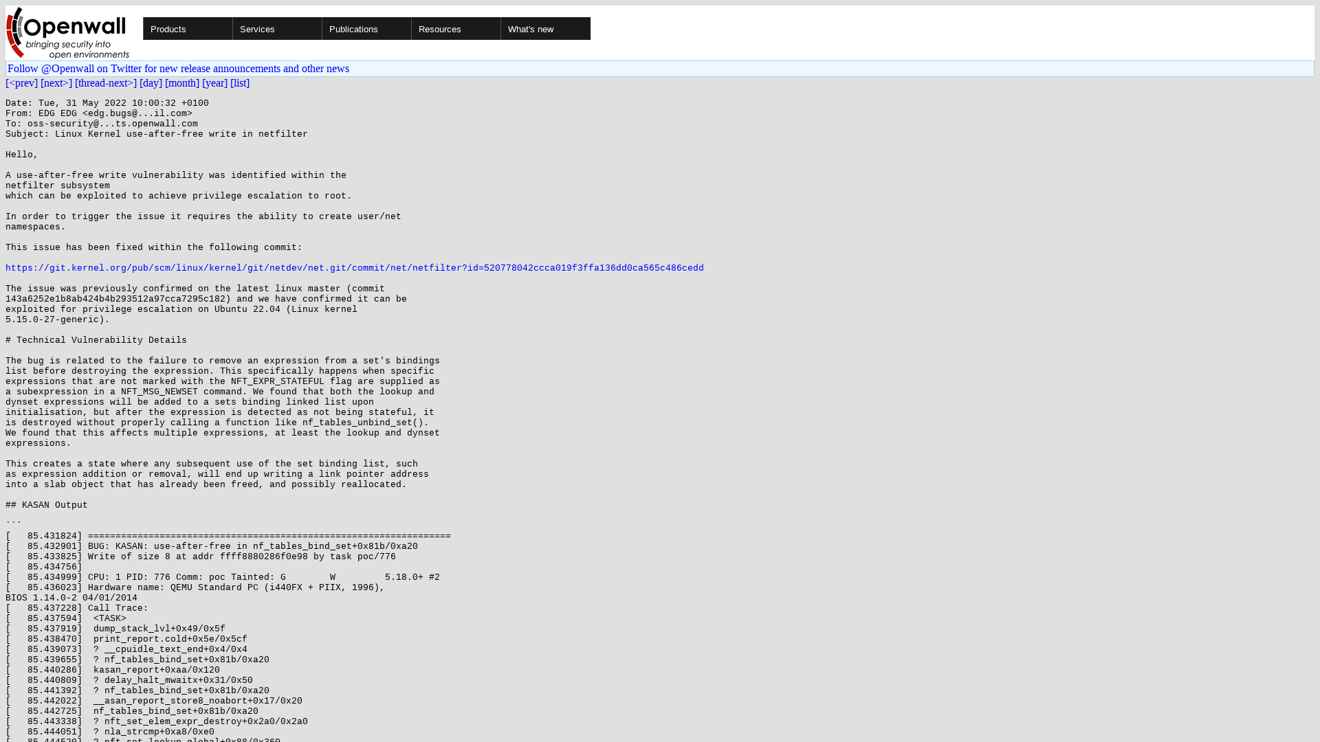 oss-security - Linux Kernel use-after-free write in netfilter